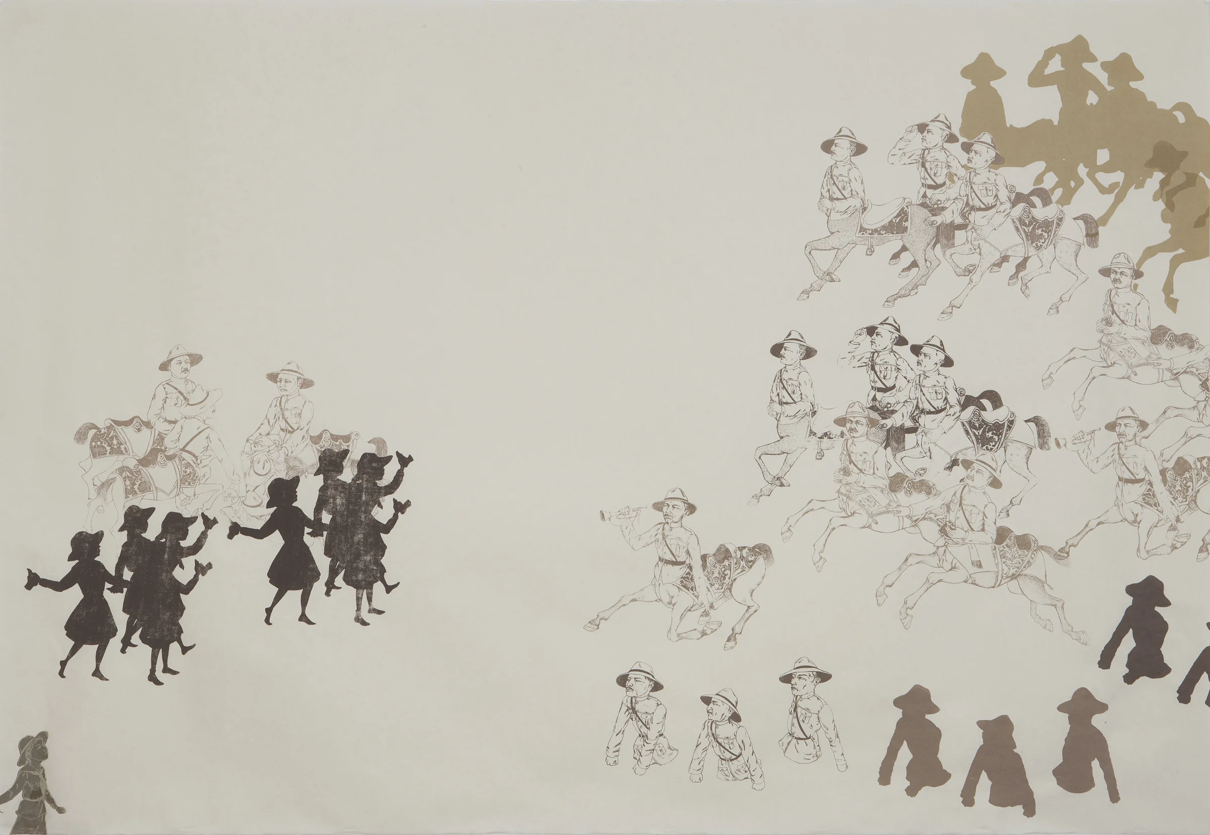 Scouts, Centaurs And Half-Men About To Skirmish , 2011 Five-color unique silk screen print 38.25 X 55.25 inches Produced as artist-in-residence at Women's Studio Workshop, Rosendale, NY Photo: Bill Orcutt