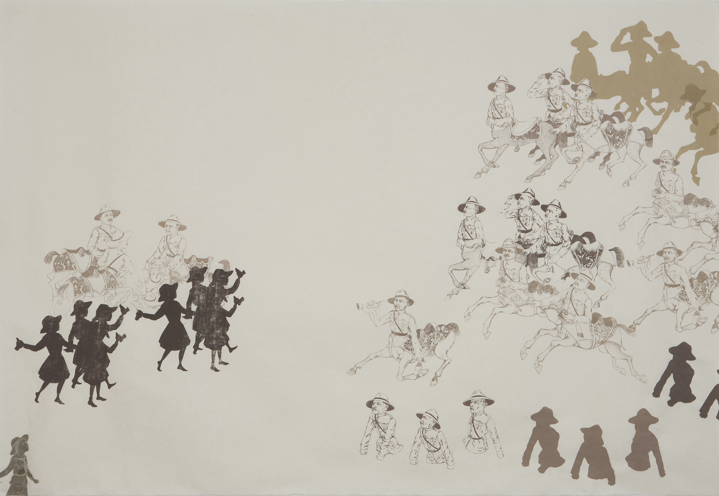   Scouts, Centaurs And Half-Men About To Skirmish , 2011 Five-color unique silk screen print 38.25 X 55.25 inches Produced as artist-in-residence at Women's Studio Workshop, Rosendale, NY Photo: Bill Orcutt 