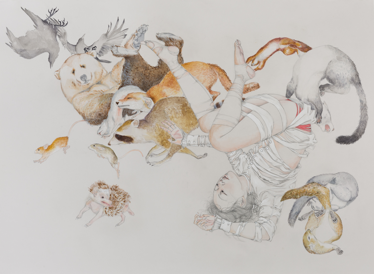   Fall Out , 2019 Graphite, ink and watercolor  on ivory paper 22 x 30 inches Private collection Photo: Brandon Perdomo 