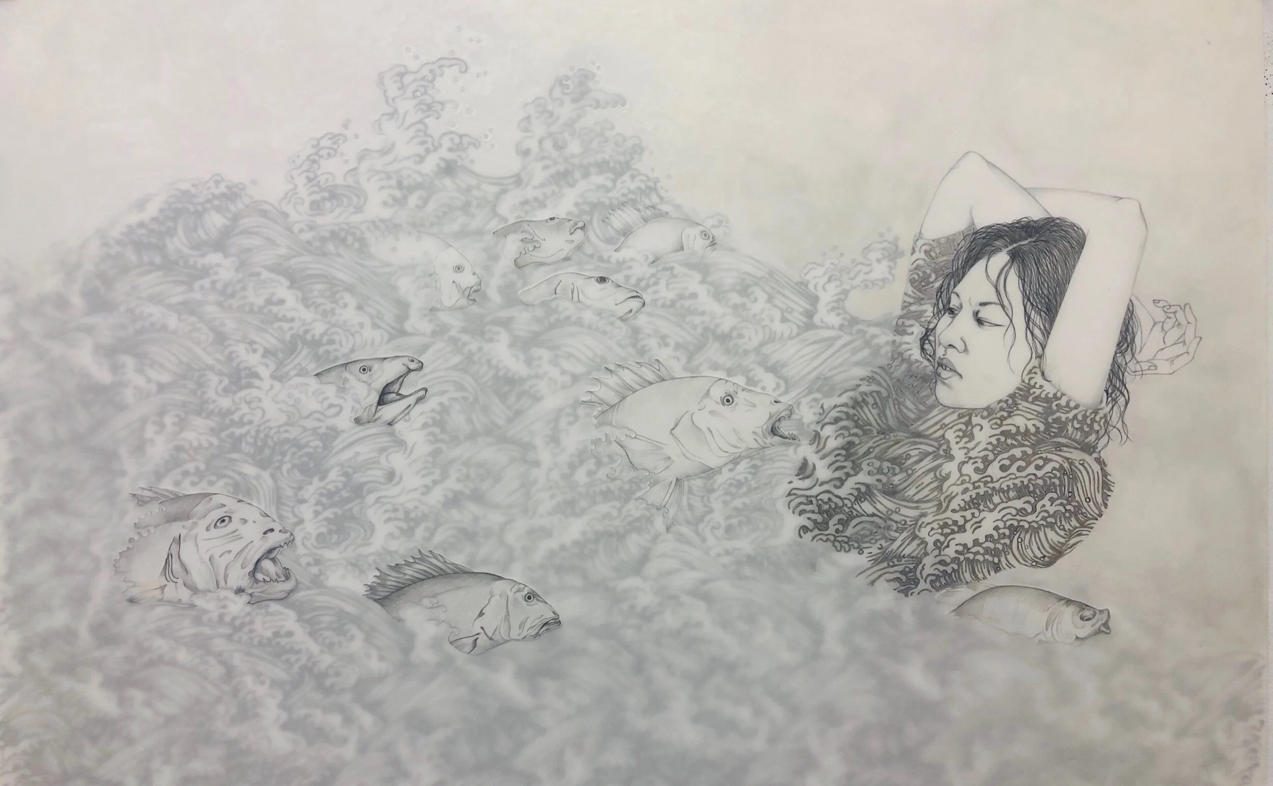 The Water Will Meet You Halfway , 2019 Graphite, acrylic paint, cut and layered drafting film 20 x 30 inches Private collection