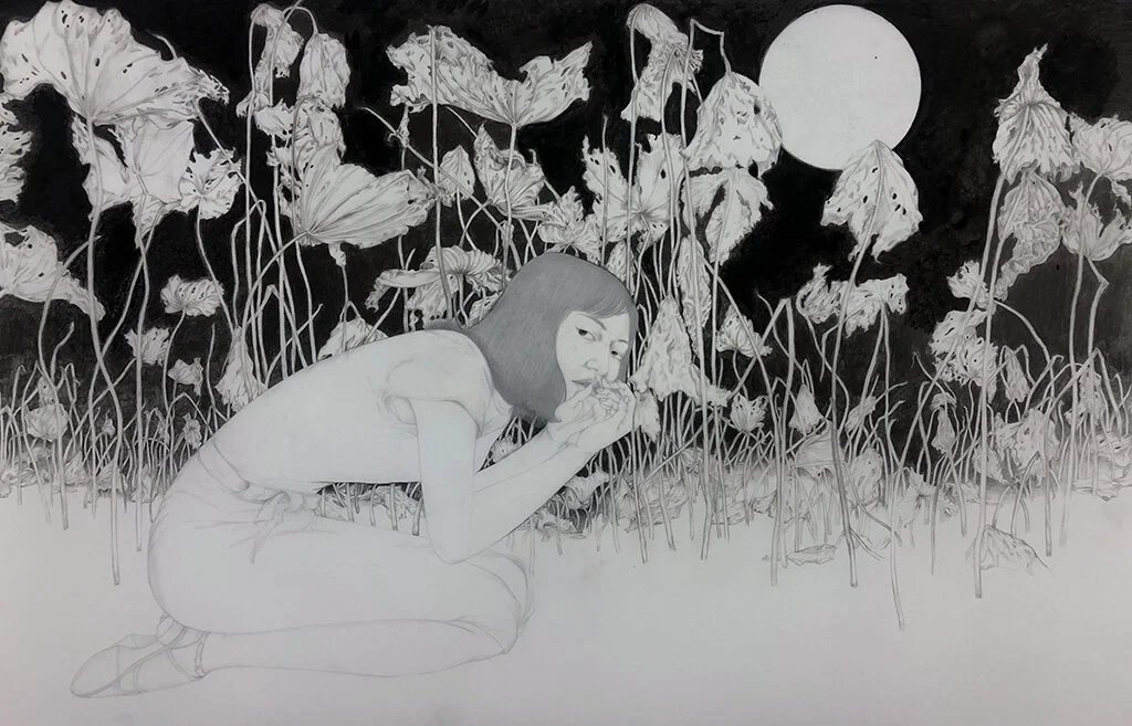   Lotus Eater,  2019 Graphite on translucent drafting film 20 x 30 inches Private collection 