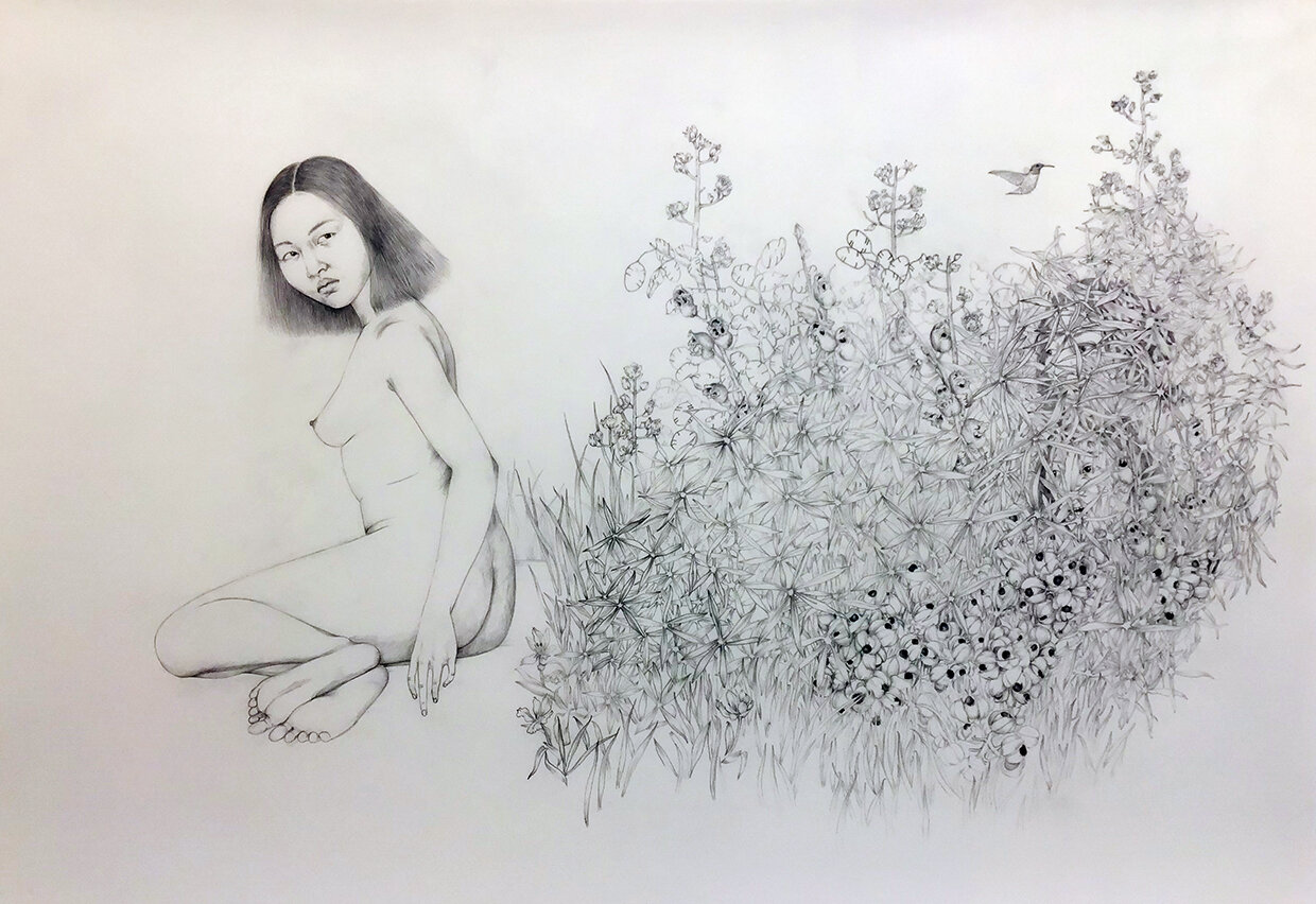   Watchful , 2020 30 x 42 inches Graphite on translucent drawing film 