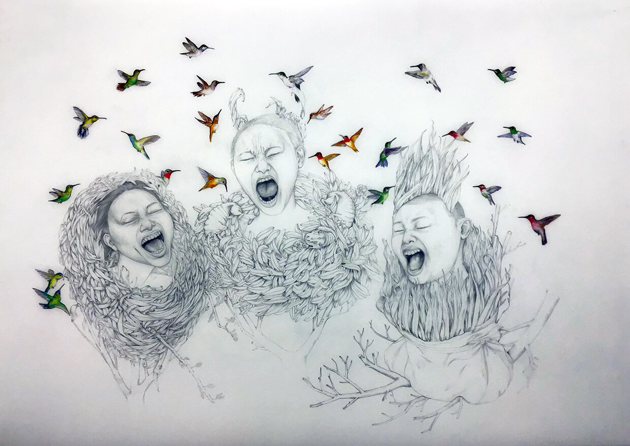   Wanting Creatures II , 2020 Graphite and oil paint on translucent drawing film 30 x 42 inches 