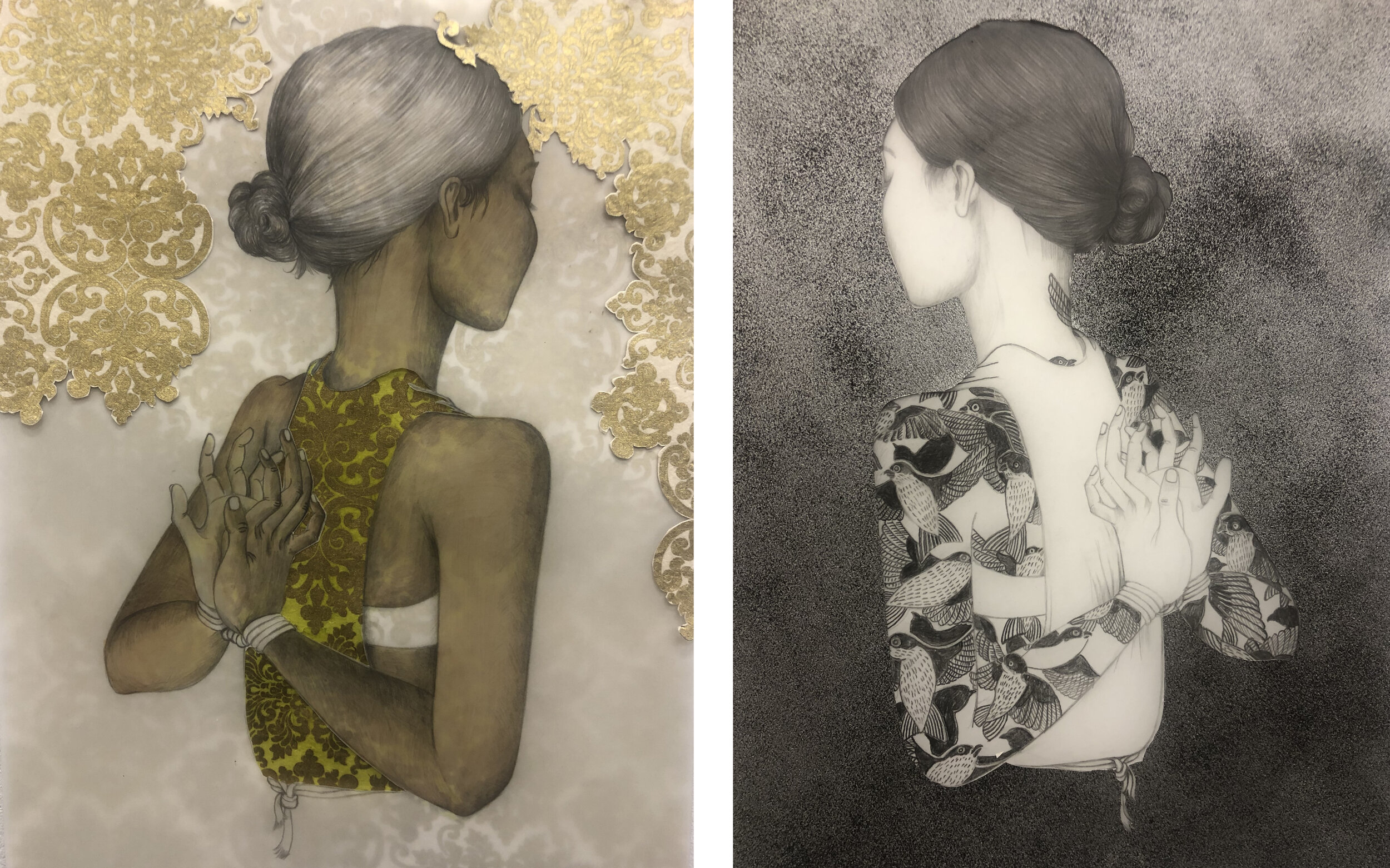  (left):  Prayer  I, 2020, graphite on translucent drawing film, glue and metallic paper (right):  Prayer  II, 2020, graphite and acrylic on translucent drawing film, glue and decorative paper 