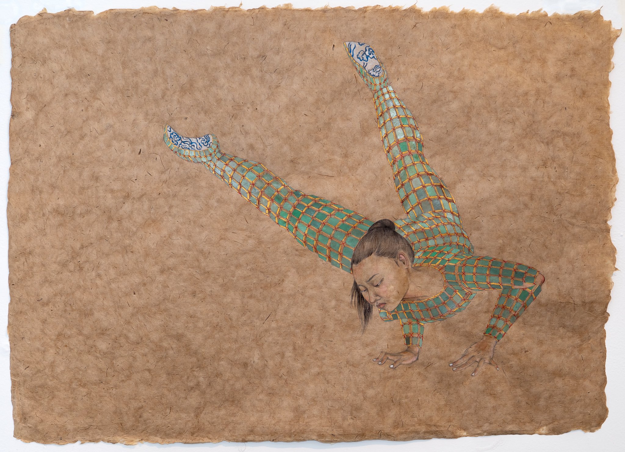   Escape Artist , 2021 23.5 x 32 inches Graphite, watercolor, thread on Bhutan  paper 