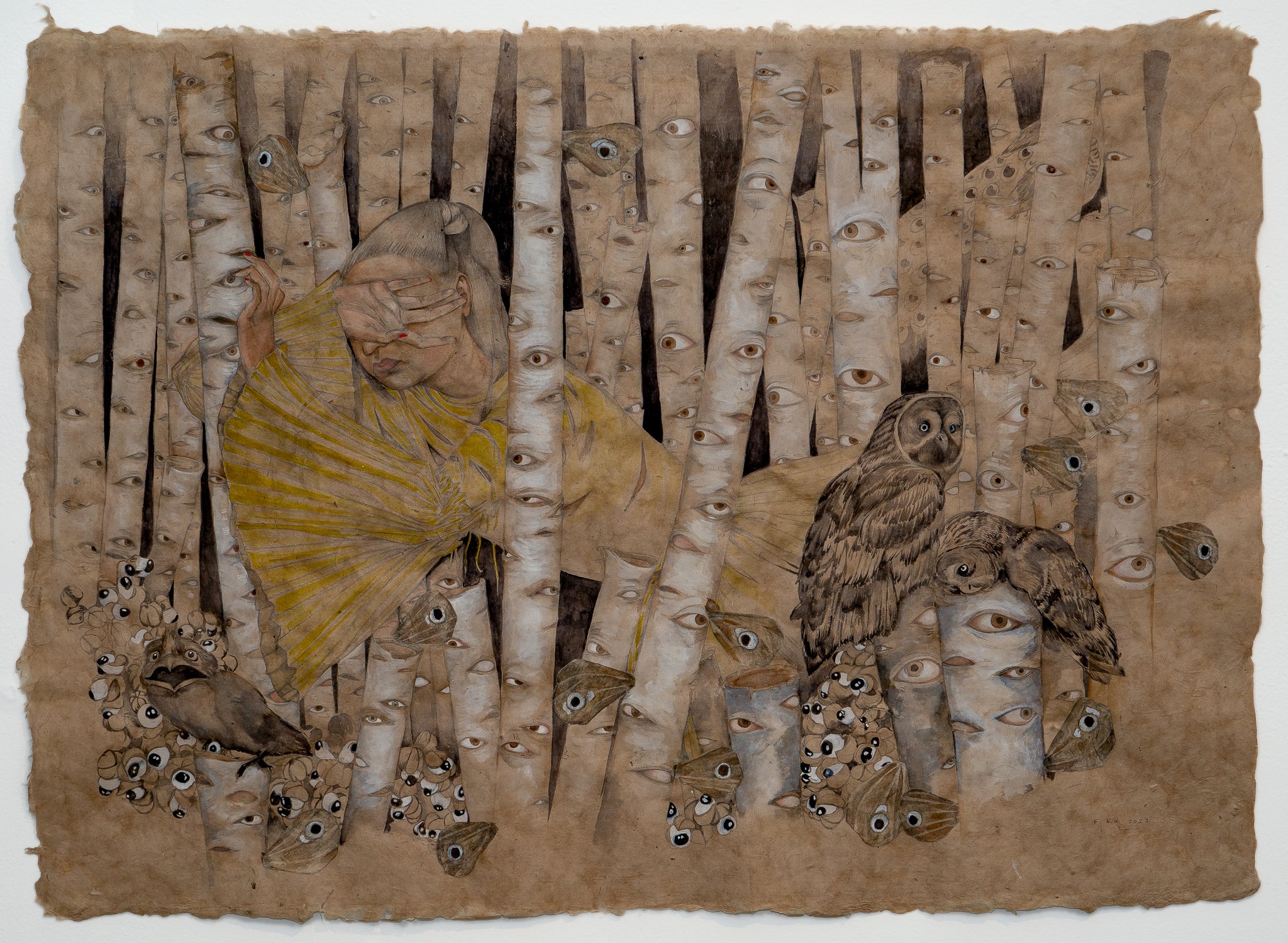   See For The Trees,  2021 23.5 x 32 inches Graphite, watercolor, cut paper and glue on Bhutan handmade paper 