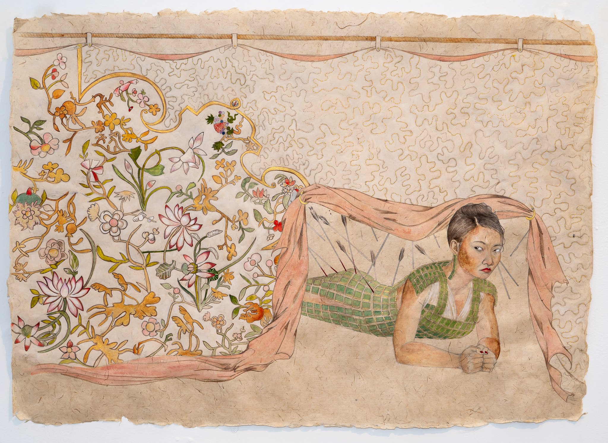  Retreat, 2022 23.5 x 32 inches Graphite, ink, watercolor, sewn thread on Bhutan paper 