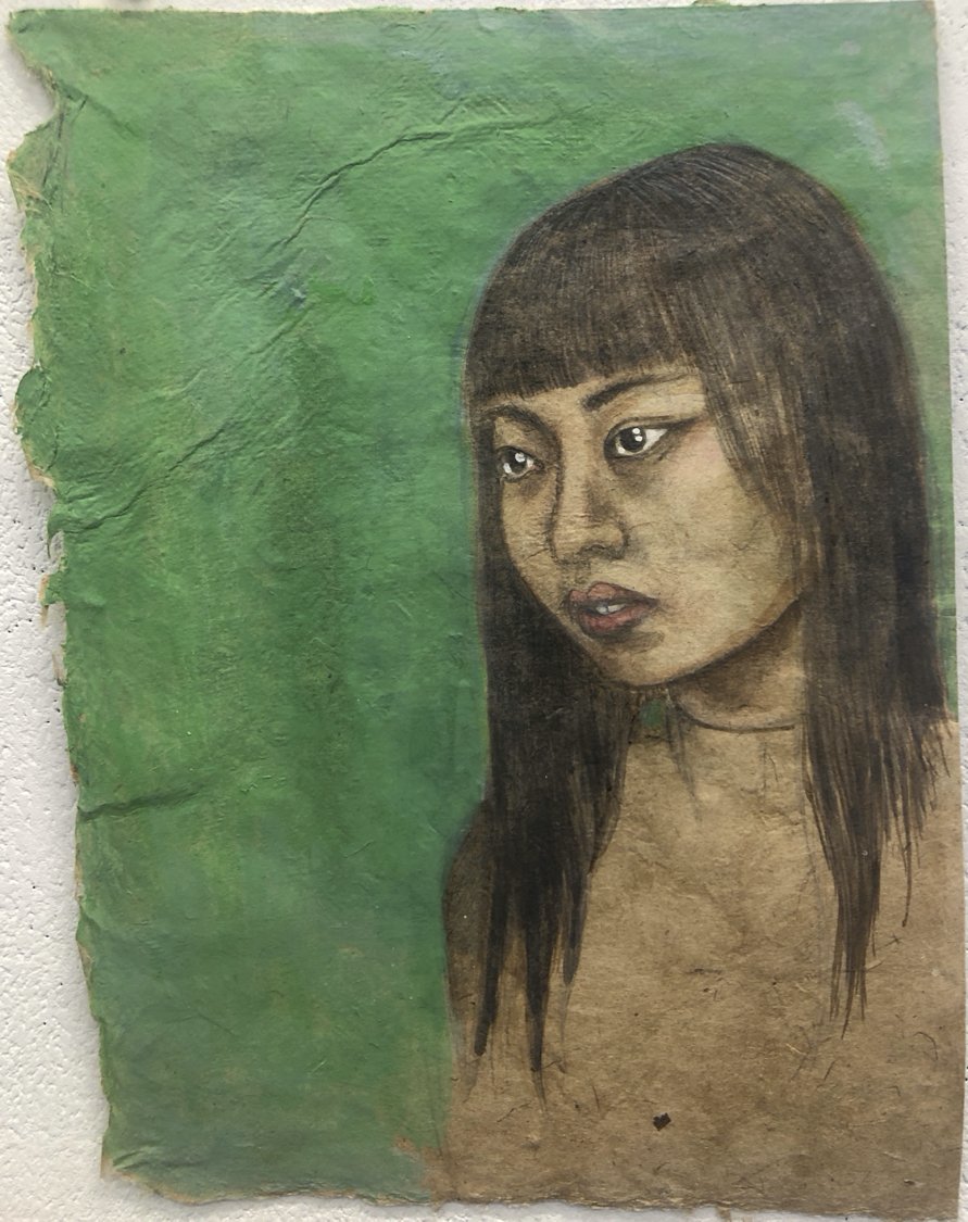   Untitled (Green Portrait) , 2023  8 x 6 inches Graphite, ink and watercolor on Bhutanese paper    