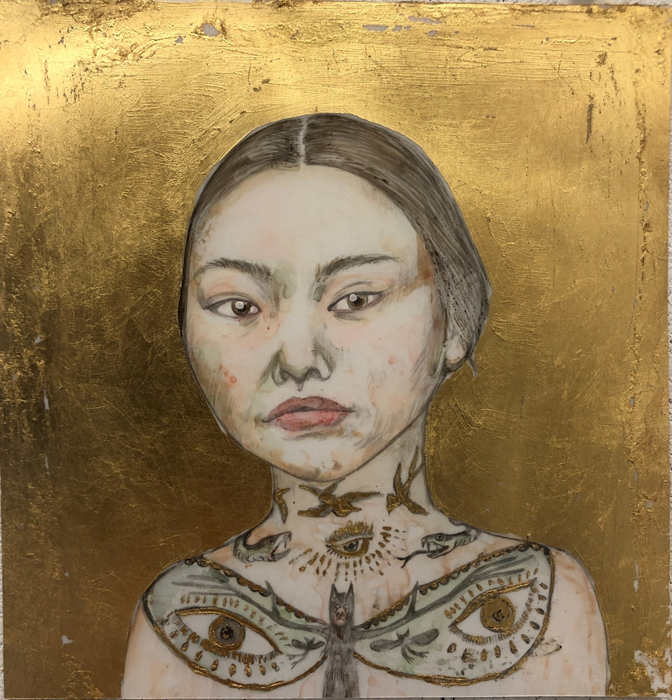   Untitled (Gold Portrait) , 2023 6.25 x 6 inches Graphite, watercolor and gold leaf on Yupo 