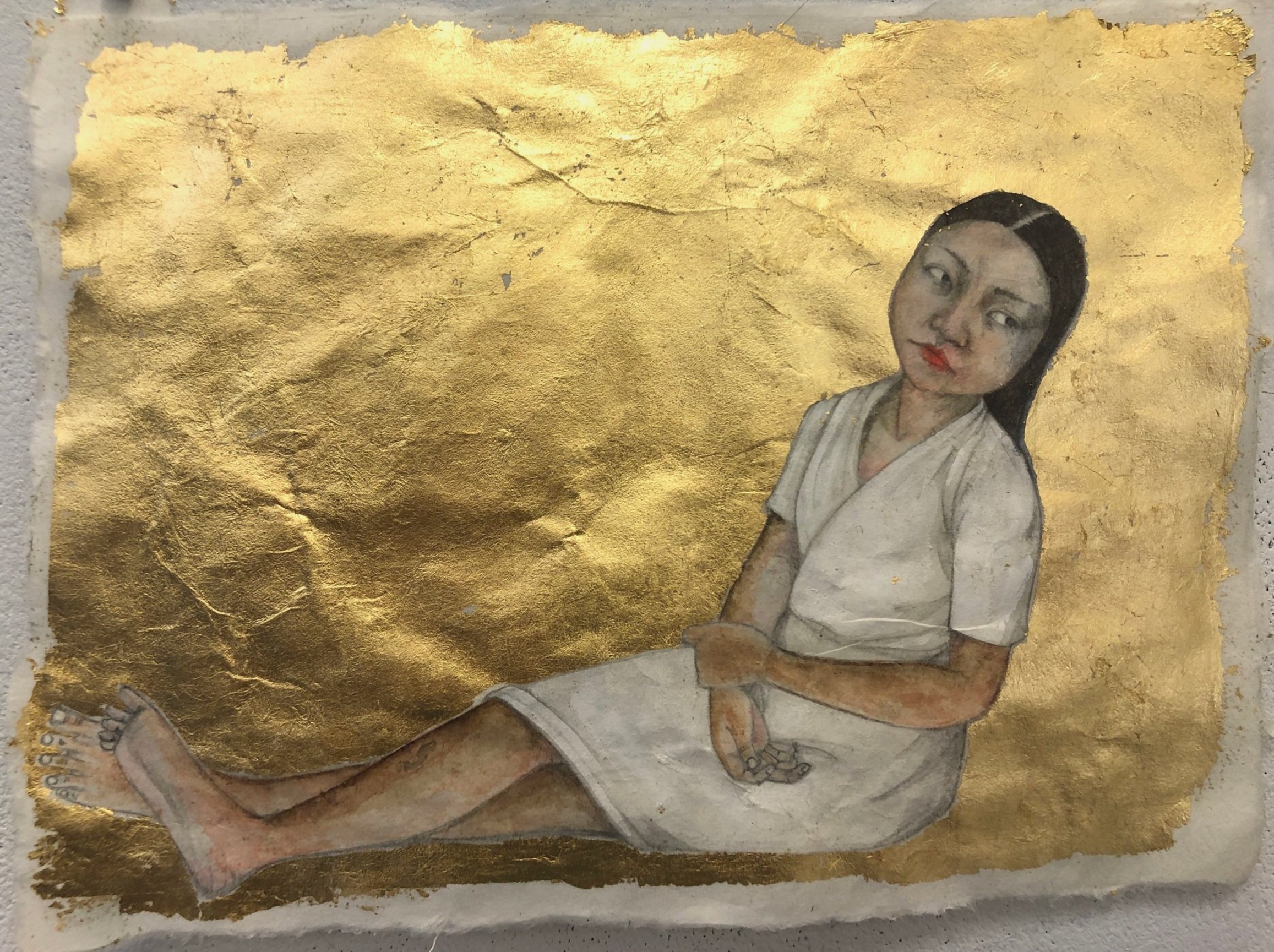   Untitled (Reclining Woman Against Gold Background) , 2023 8 x 10.5 inches Graphite, watercolor and gold leaf on washi with archival wax varnish 