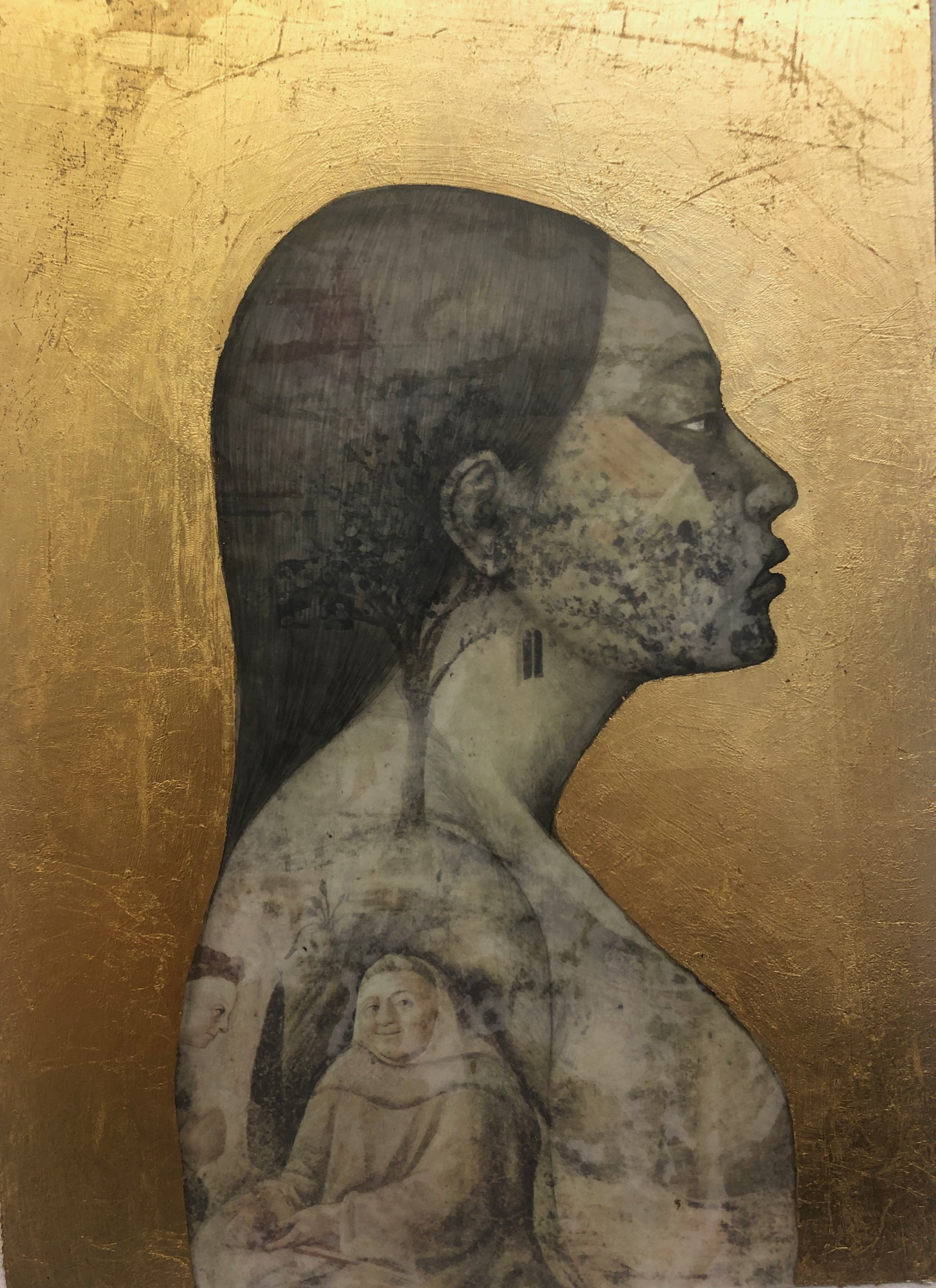   Untitled (Renaissance Profile) , 2023  9 x 6.5 inches Graphite, image transfer and collage on translucent drafting film with gold-leaf and archival wax varnish     