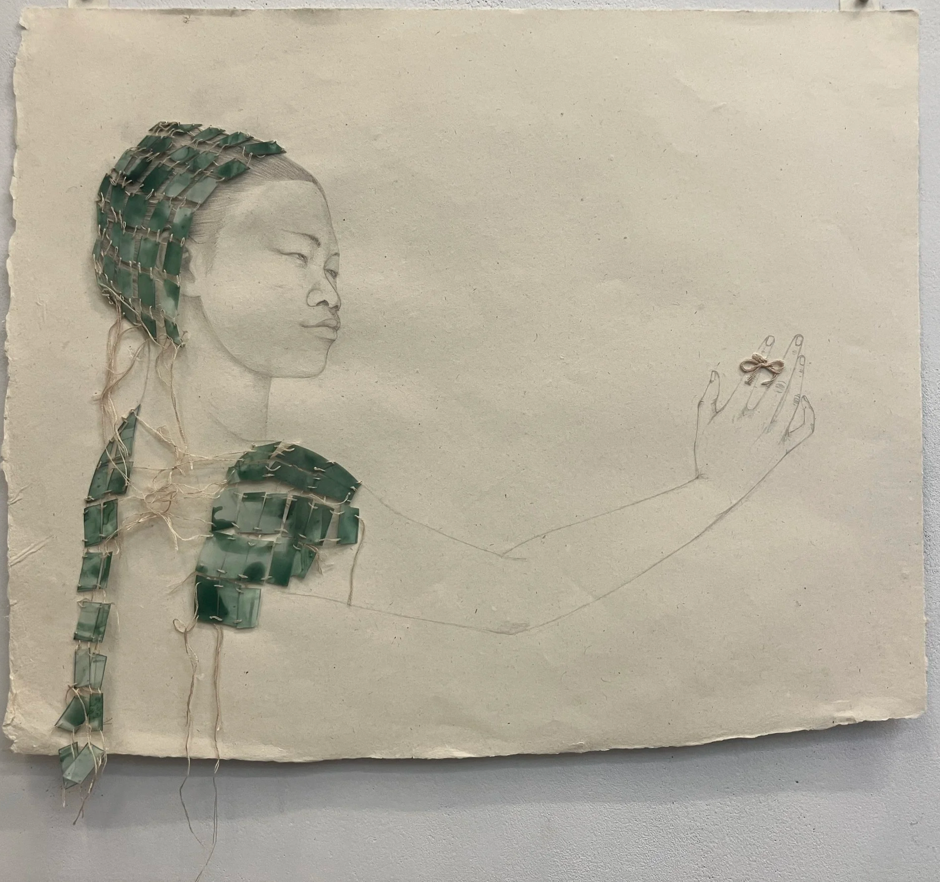 Armor (Net) , 2025 11 x 15 inches Graphite, linen thread, watercolor on Yupo on Indian Suun paper