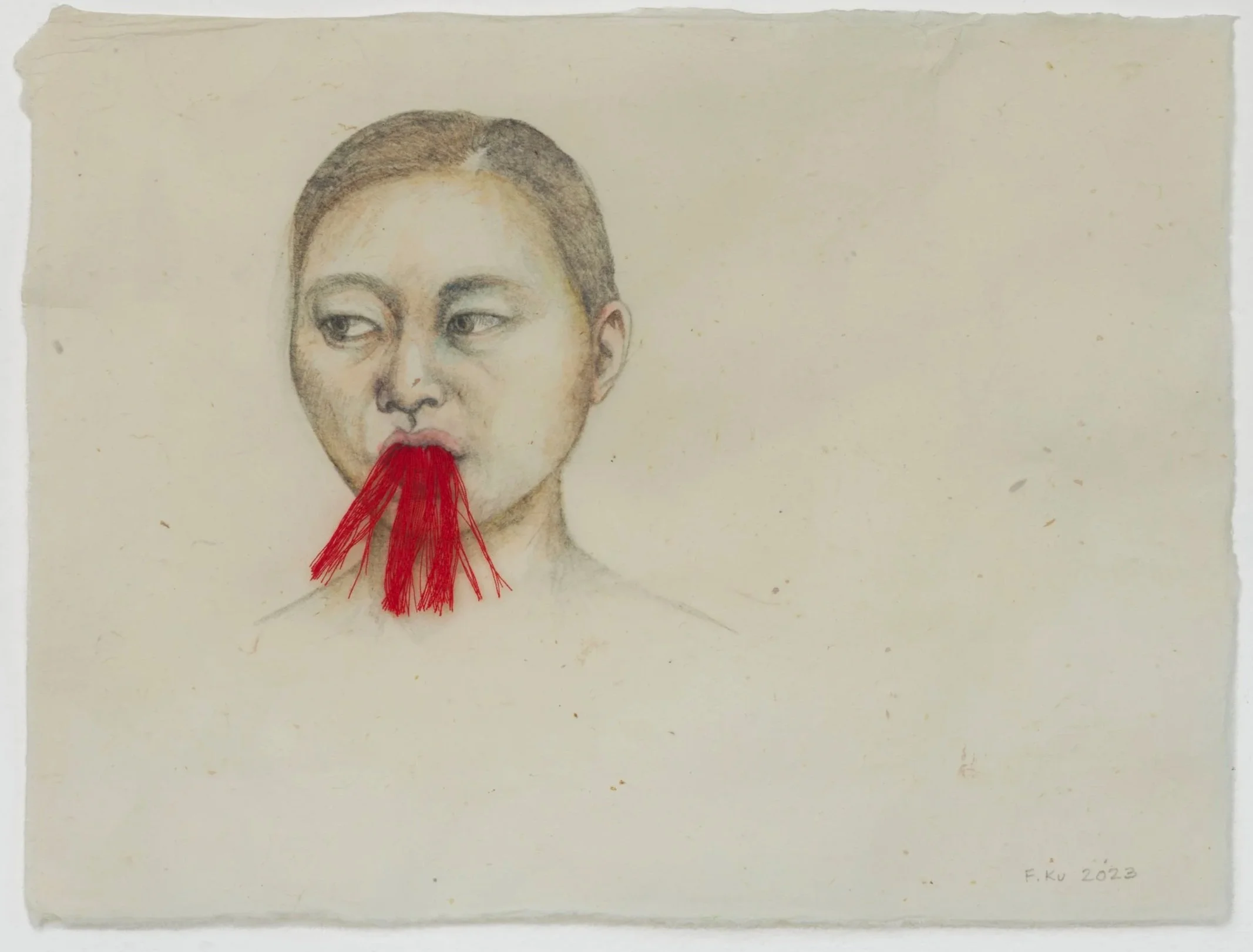 Mouth Feel , 2023 8 x 10.25 inches Graphite, ink, watercolor and thread on Nepalese washi Photo: Andrew Schwartz
