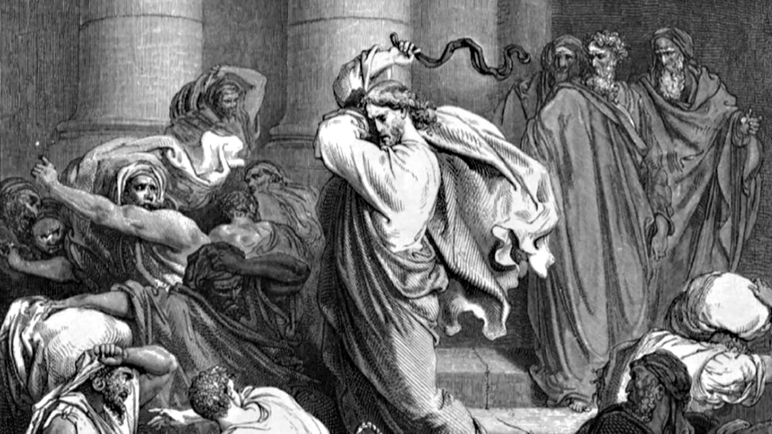 „Și a intrat Iisus în templu și a alungat pe toți cei ce vindeau și cumpărau în templu și a răsturnat mesele schimbătorilor de bani și scaunele celor care vindeau porumbei” - Matei 21:12