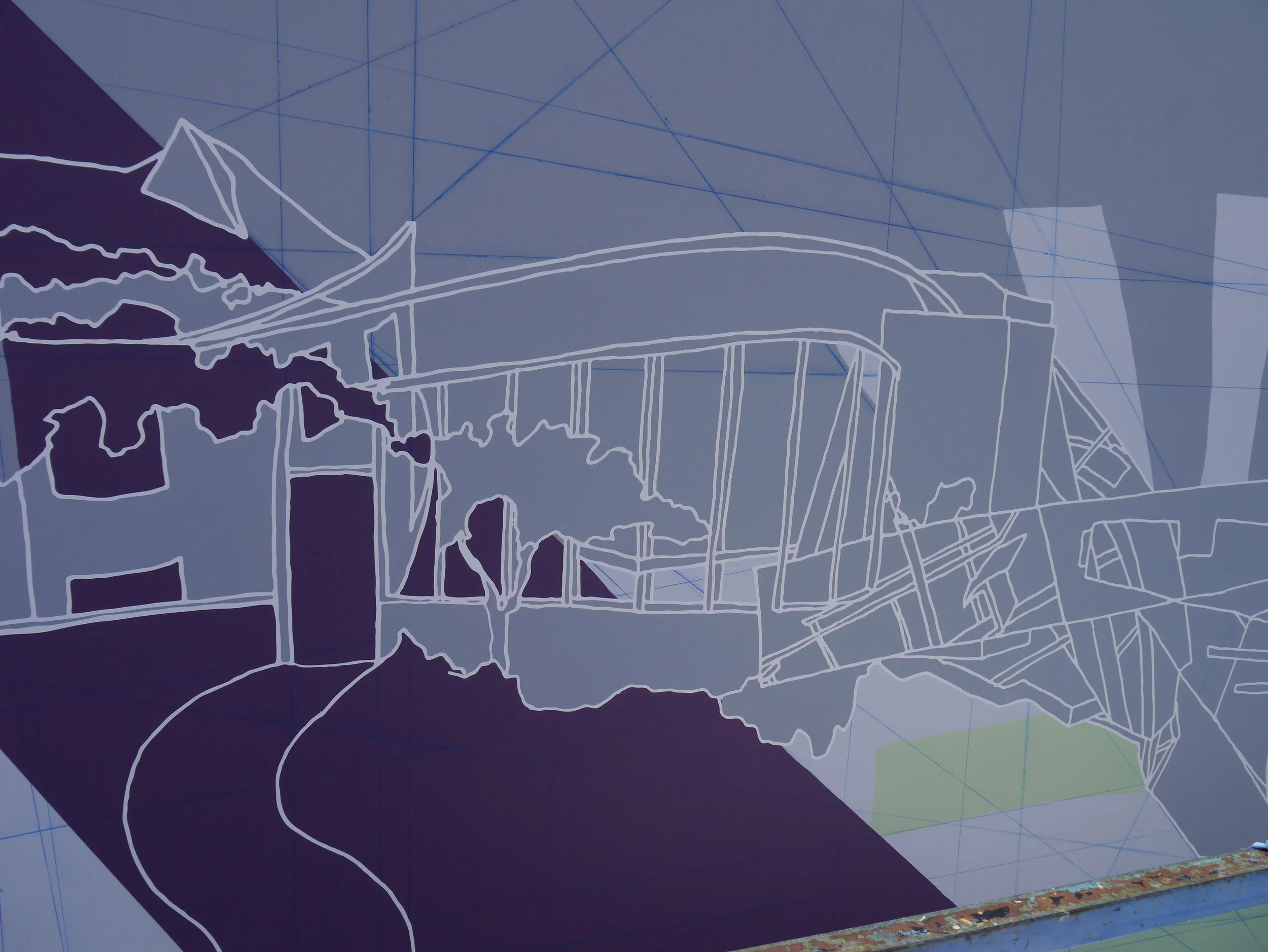    Parallel Version Series: Los Angeles (with extended si ght lines),  2013, wall drawing with snaplines and acrylic paint 11 x 30 feet. Detail installation view at LA Louver Gallery exterior project by Kim Schoenstadt 