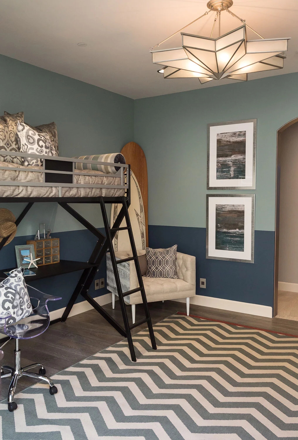 Teenage Boy Bedroom Design with Custom Ceiling Light Fixture and patterened area rug