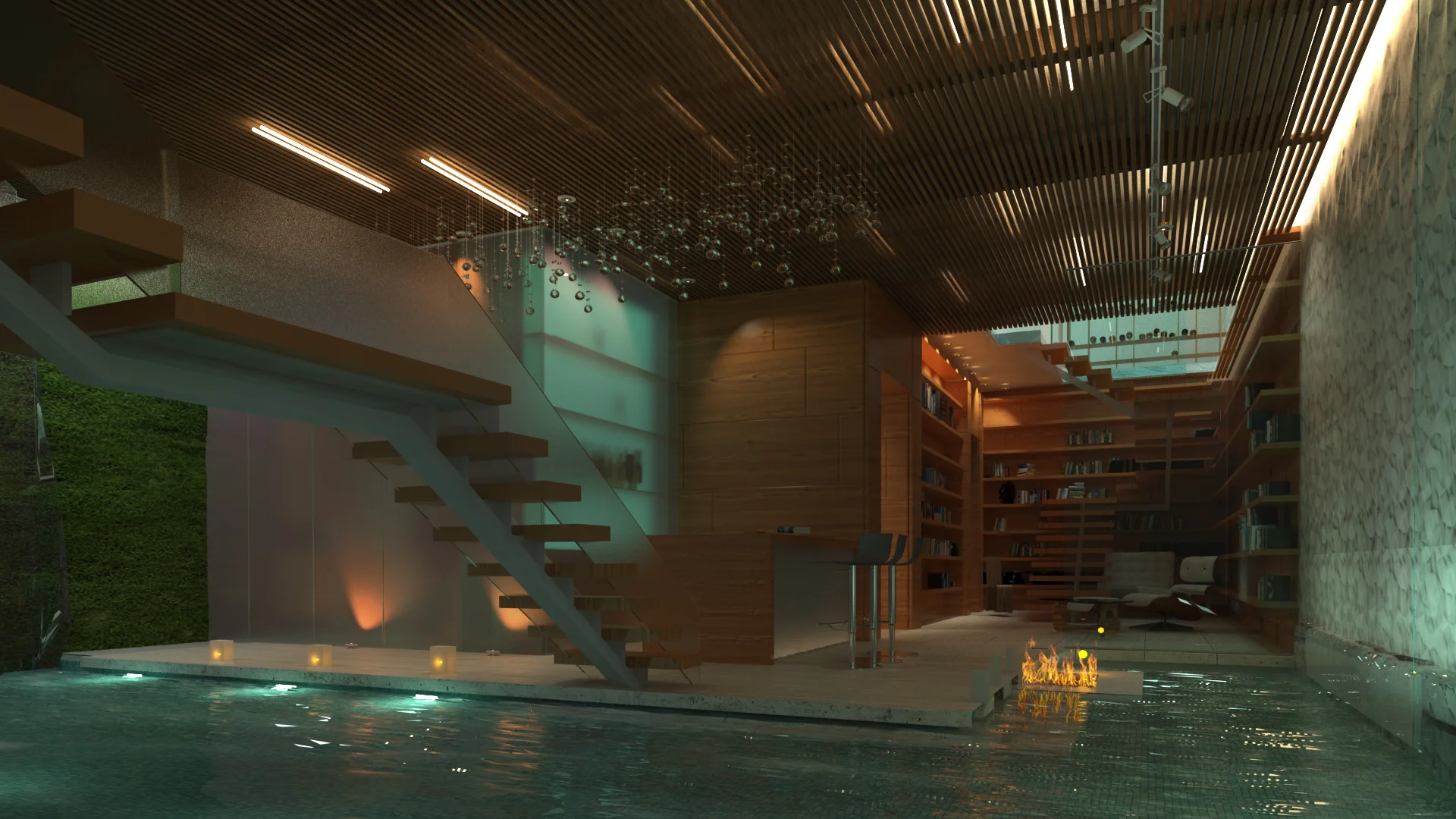  Rendering of new pool, hot tub, and bar with library in the background. 