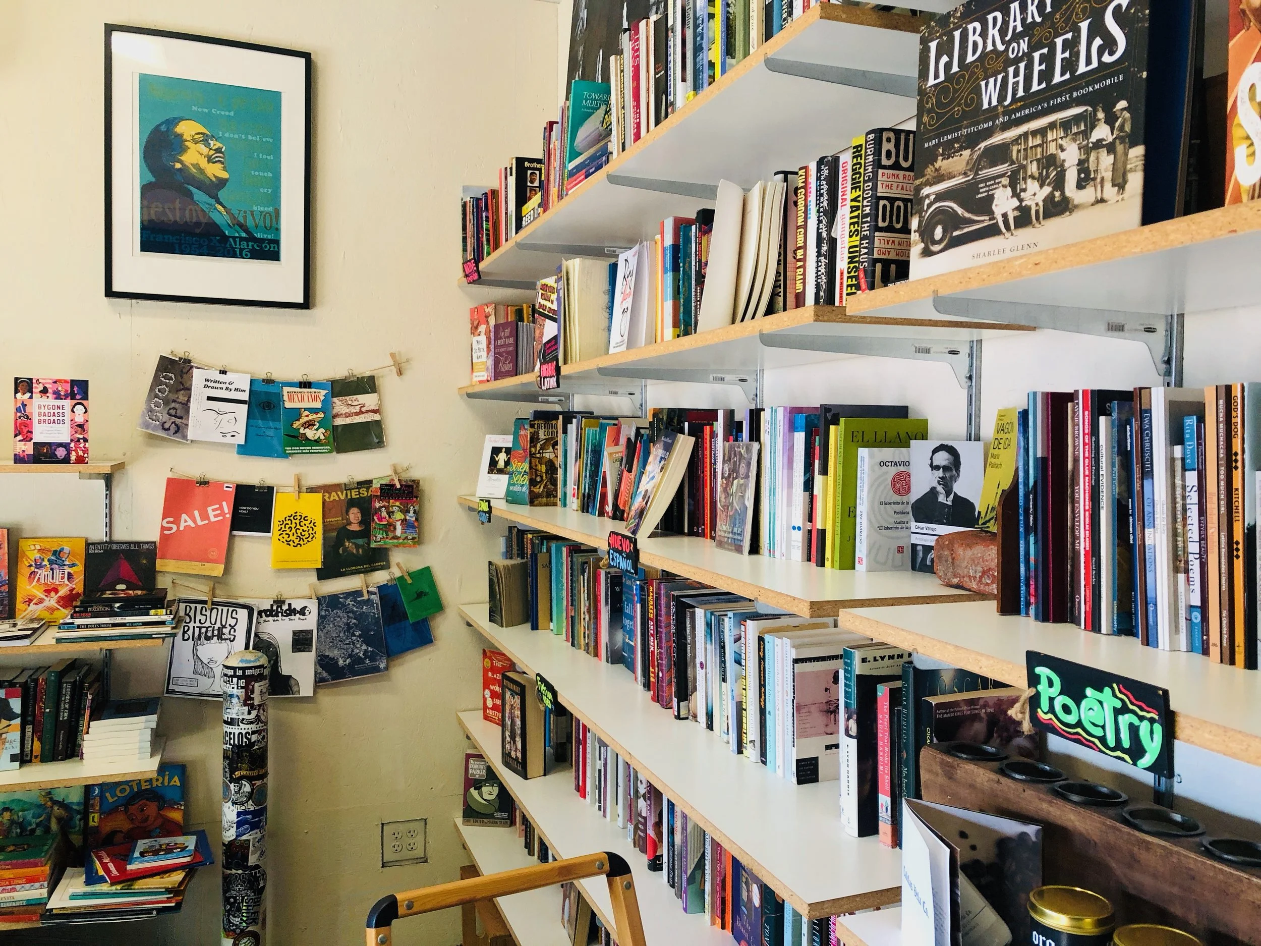Shelves at pop-up Latino bookstore Libro Mobile. Santa Ana, California.