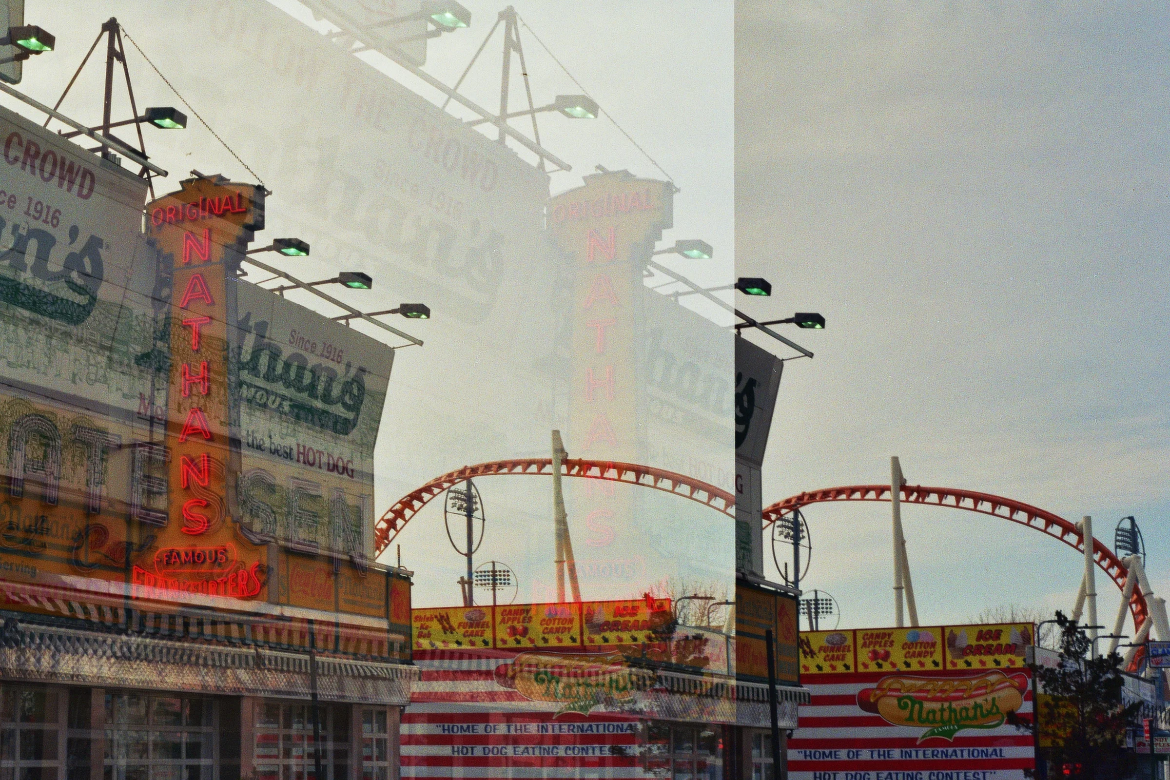 An accidental multiple-exposure. Nathan’s Famous. Coney Island, Brooklyn. Kodak Ultra Max 400. Pentax K1000. Fletcher Berryman 2019.