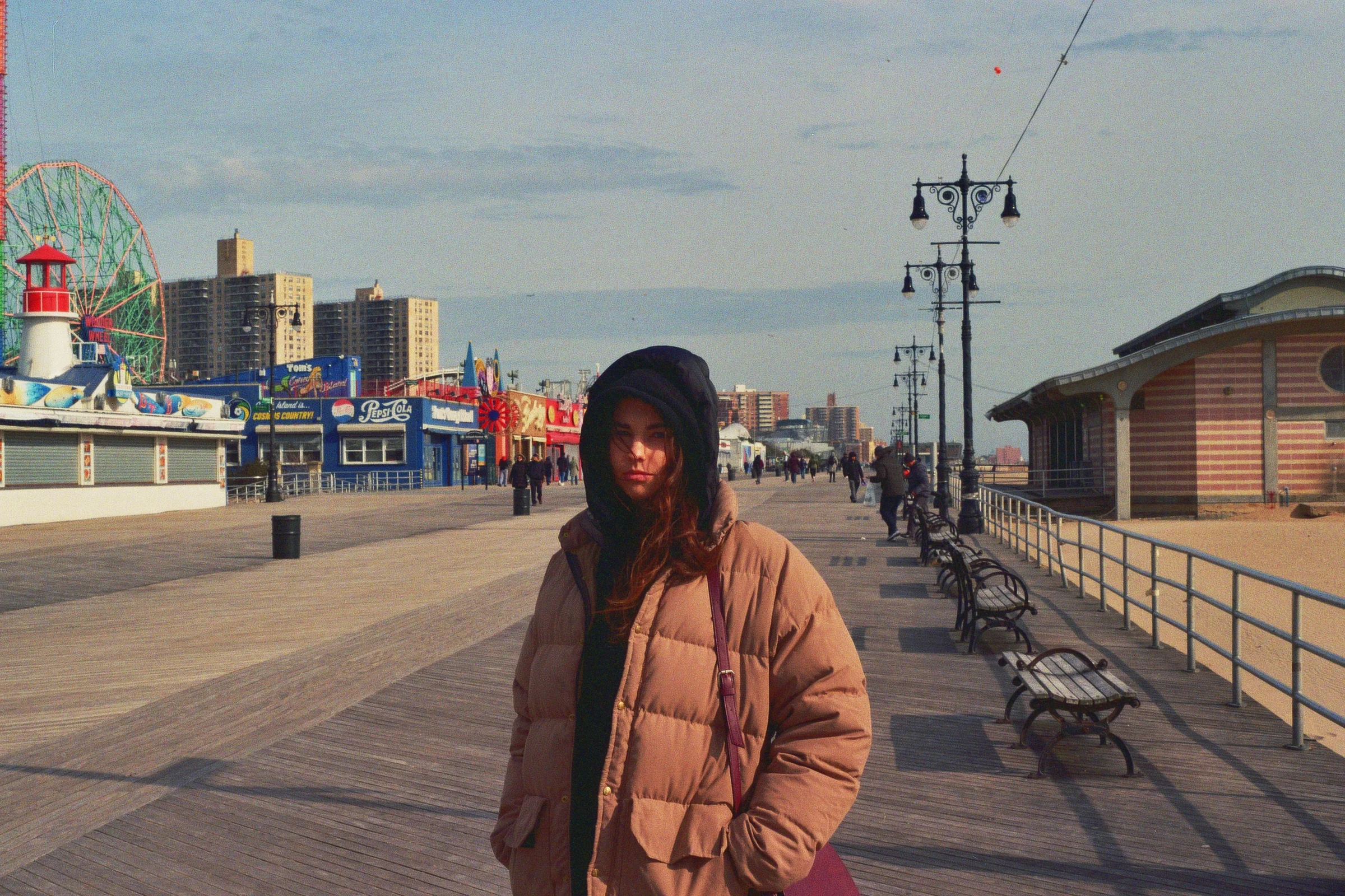 Standard beach attire for a January boardwalk stroll. Kodak Ultra Max 400. Pentax K1000. Fletcher Berryman 2019.