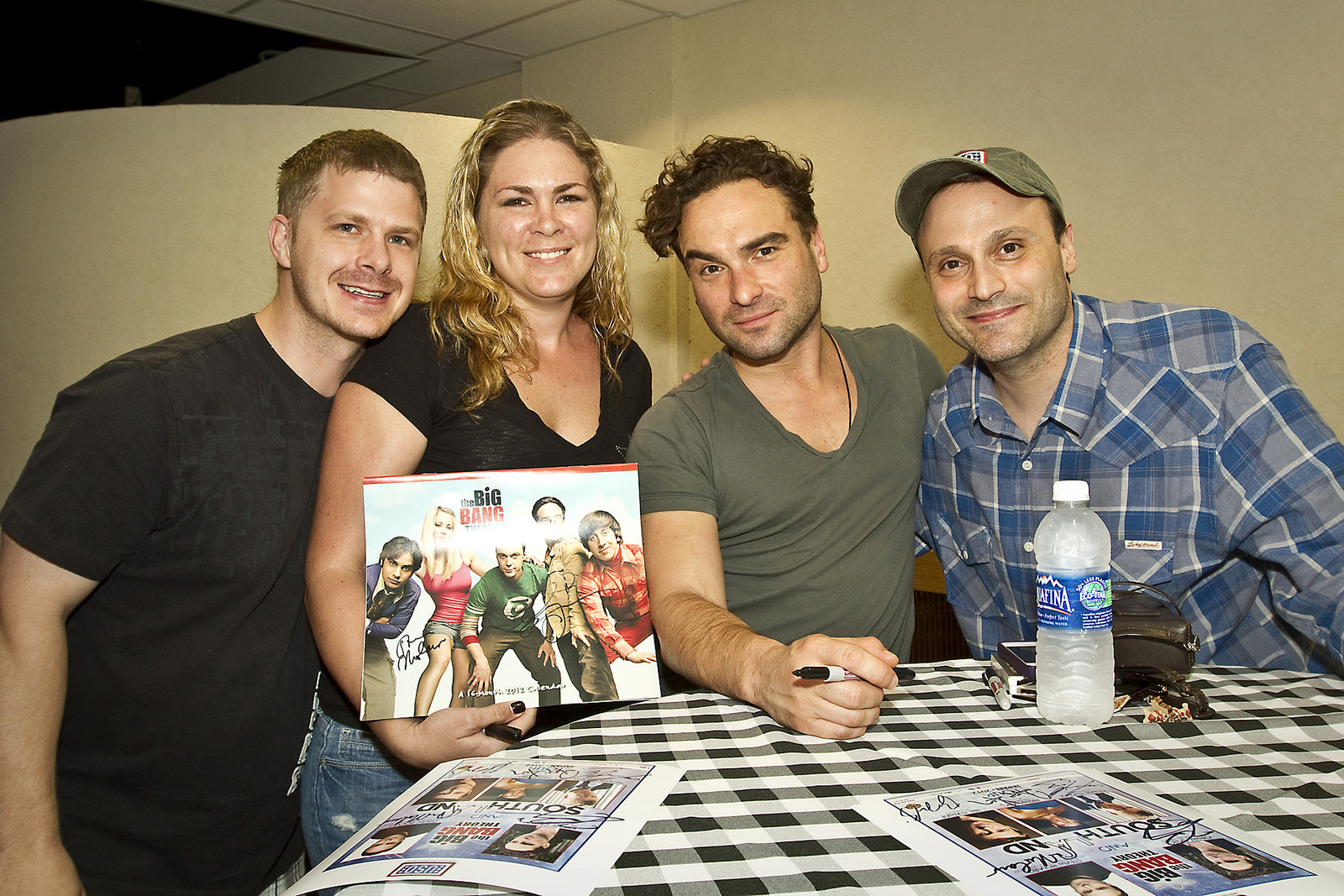 Actor Johnny Galecki (center) and producer Steven Molaro (far right) from "The Big Bang Theory" pose for a photo with U. S. Navy Sonar Tecnician 1st Class Jerrod Hale from Beaumont, CA and his wife Sherry Hale, White Beach Naval Base, Okinawa, Japan…