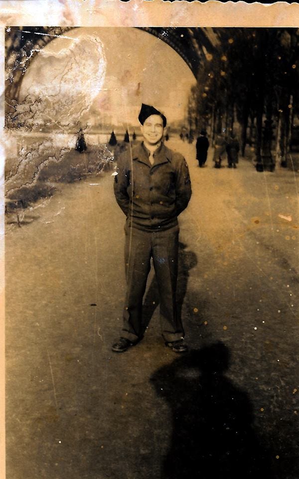 My grandfather, F.B. Willis, poses for a photo in front of the Eiffel Tower in Paris. The photo was taken in 1944, shortly after my grandfather and the Allied Forces liberated the city.