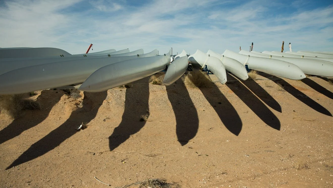 Wind turbine blades sit in a staging area at the TPI turbine lot in the Santa Teresa Intermodal industrial park, one of the companies in the the Border Industrial Association, Thursday, February 2, 2017. [Josh Bachman / Las Cruces Sun-News]