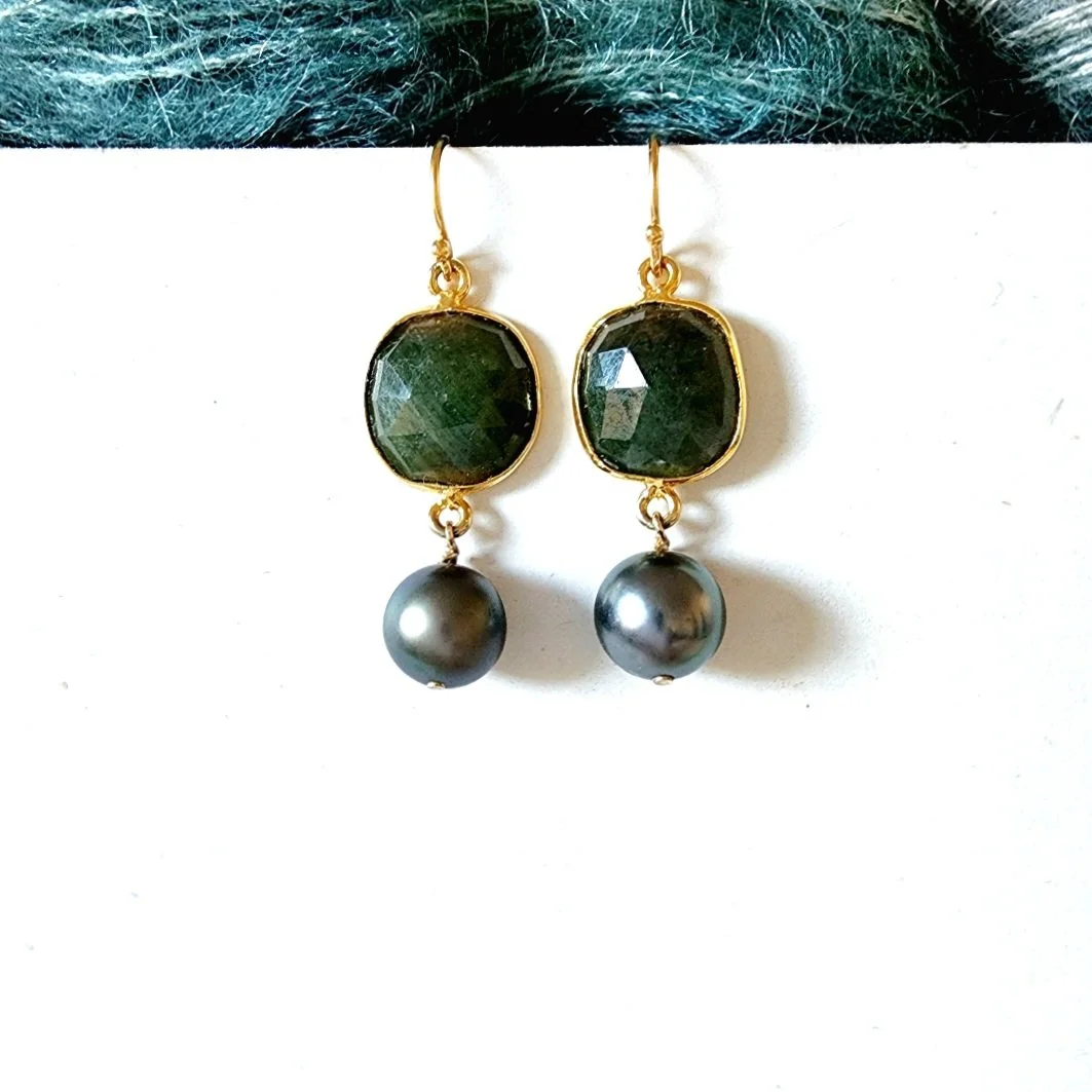 Green Sapphire & Tahitian Pearl Earrings