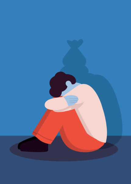 An illustration of a person with blue skin sitting on the floor with their head between their knees. Their silhouette behind them creeps up on the blue wall behind them and darker blue floor below.