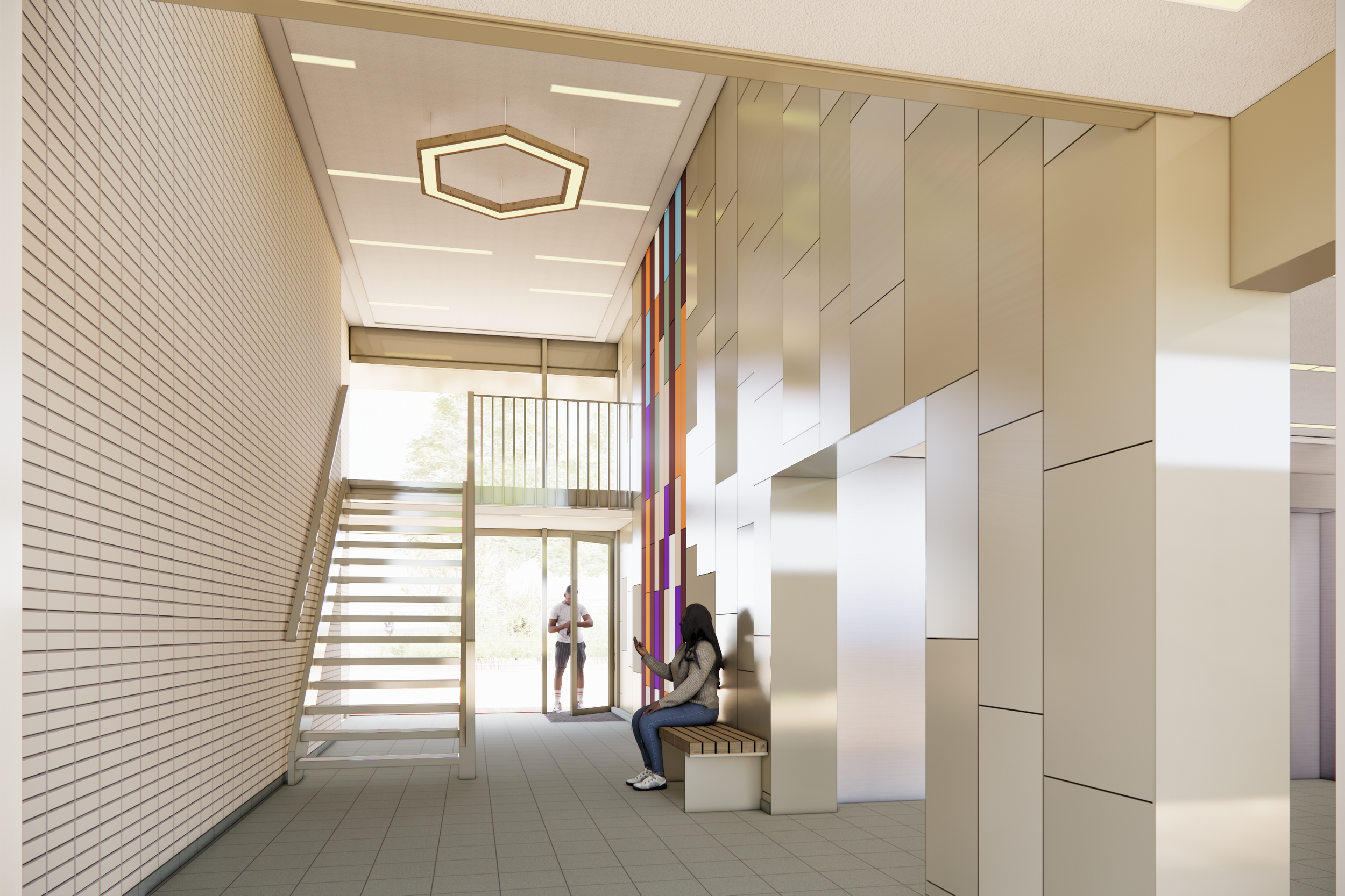 Modern lobby with staircase, a woman sitting on a bench using her phone, and a person standing outside near glass doors.