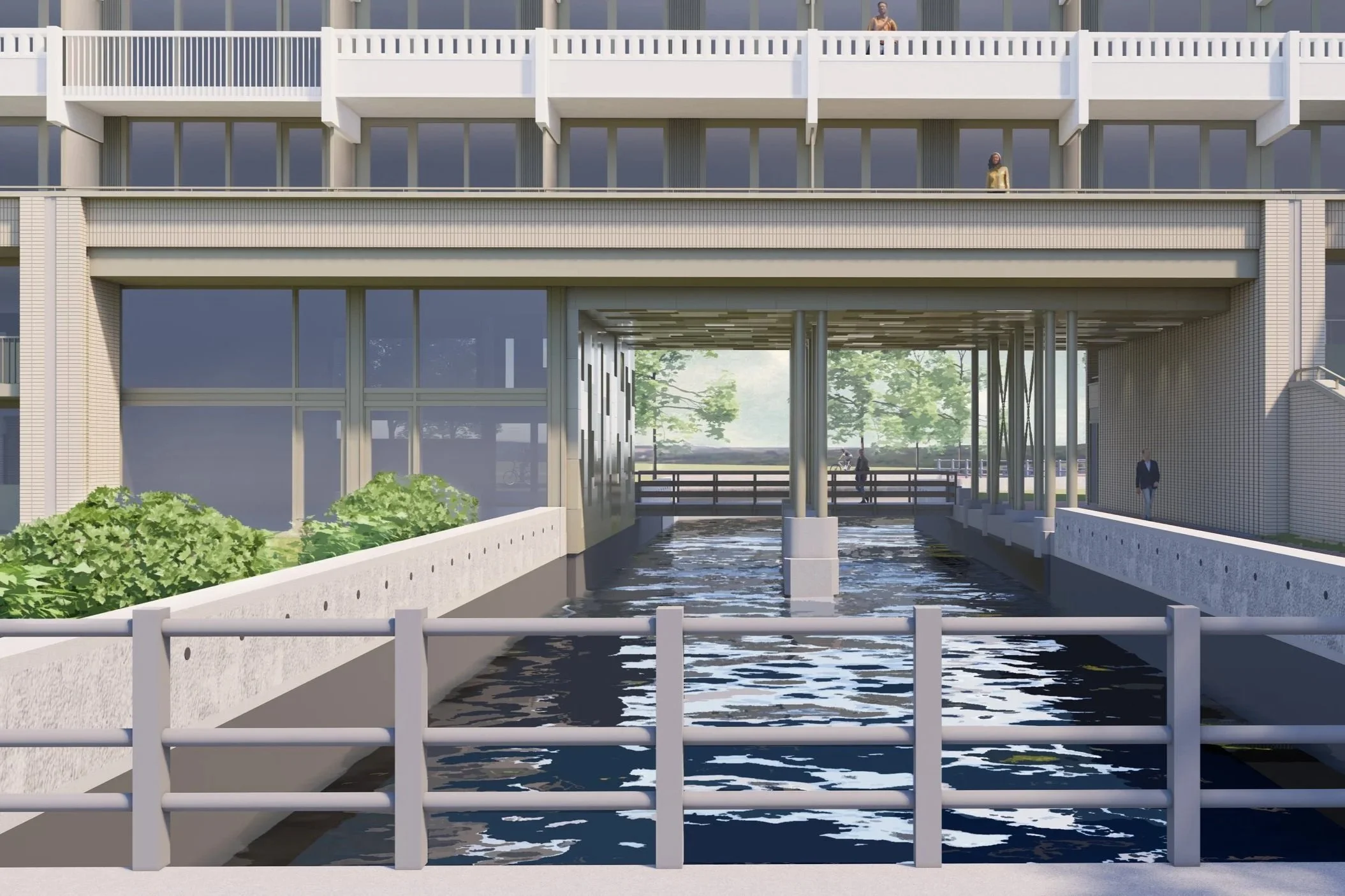 Rendering of a modern building with a water feature underneath, with glass windows and people standing on the upper balcony and walkway.