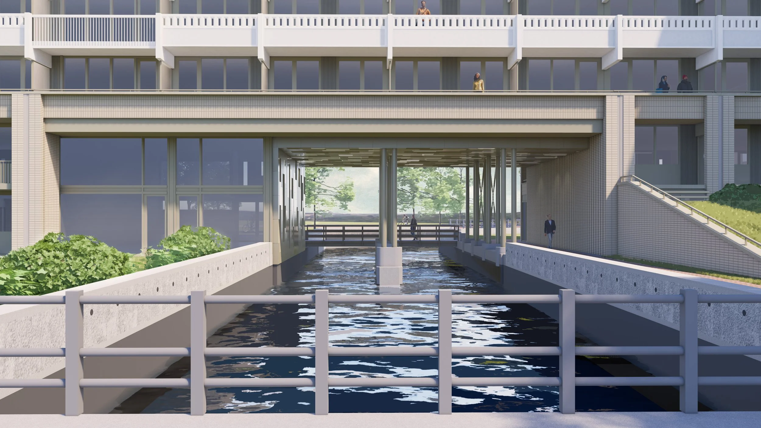 Modern building with large glass windows, balcony, and a waterway underneath, surrounded by greenery and people walking and standing outside.