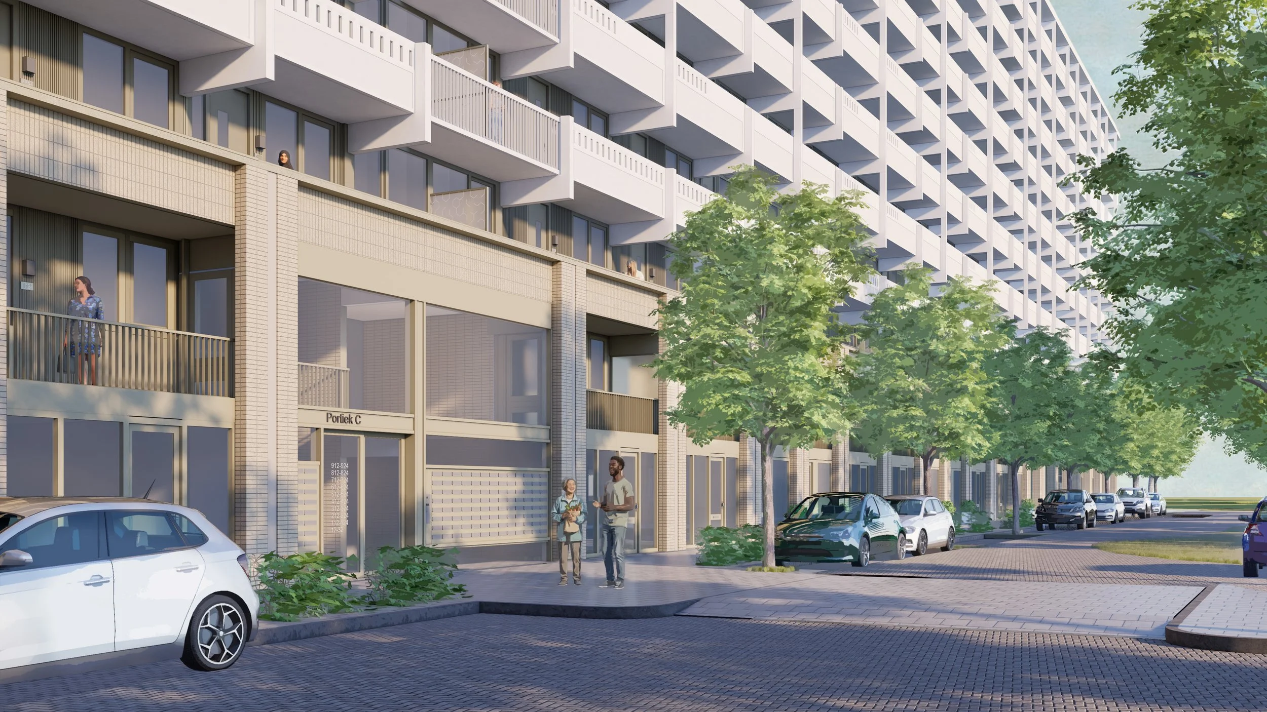 A modern multi-story apartment building with several people on the balconies and ground level. People are standing on the sidewalk, and there are parked cars and trees lining the street.