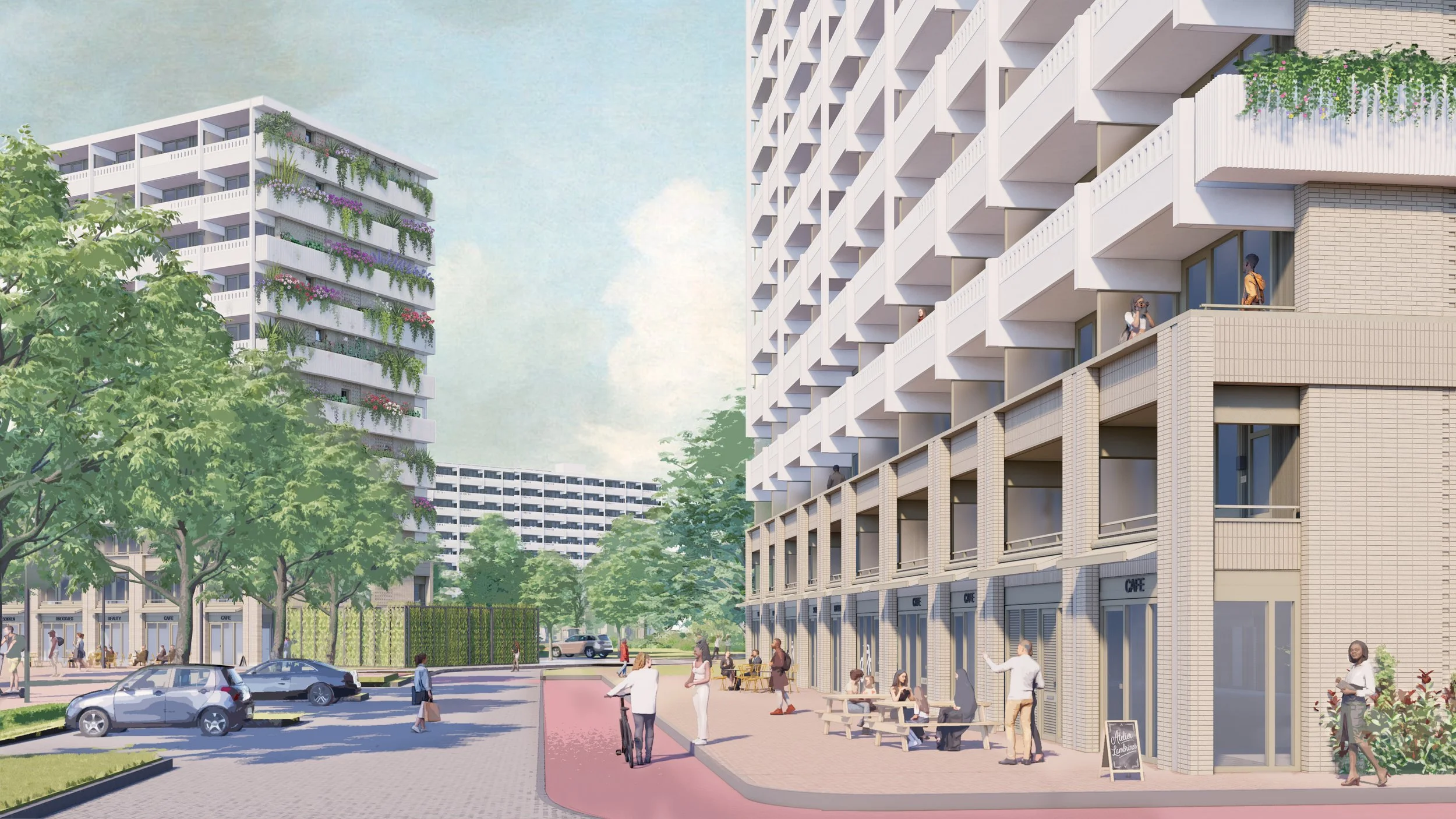 A modern residential complex with tall apartment buildings, trees, parked cars, and people walking and sitting outside on benches. The buildings have balconies with plants, and some people are visible on the balconies, while others are on the street 