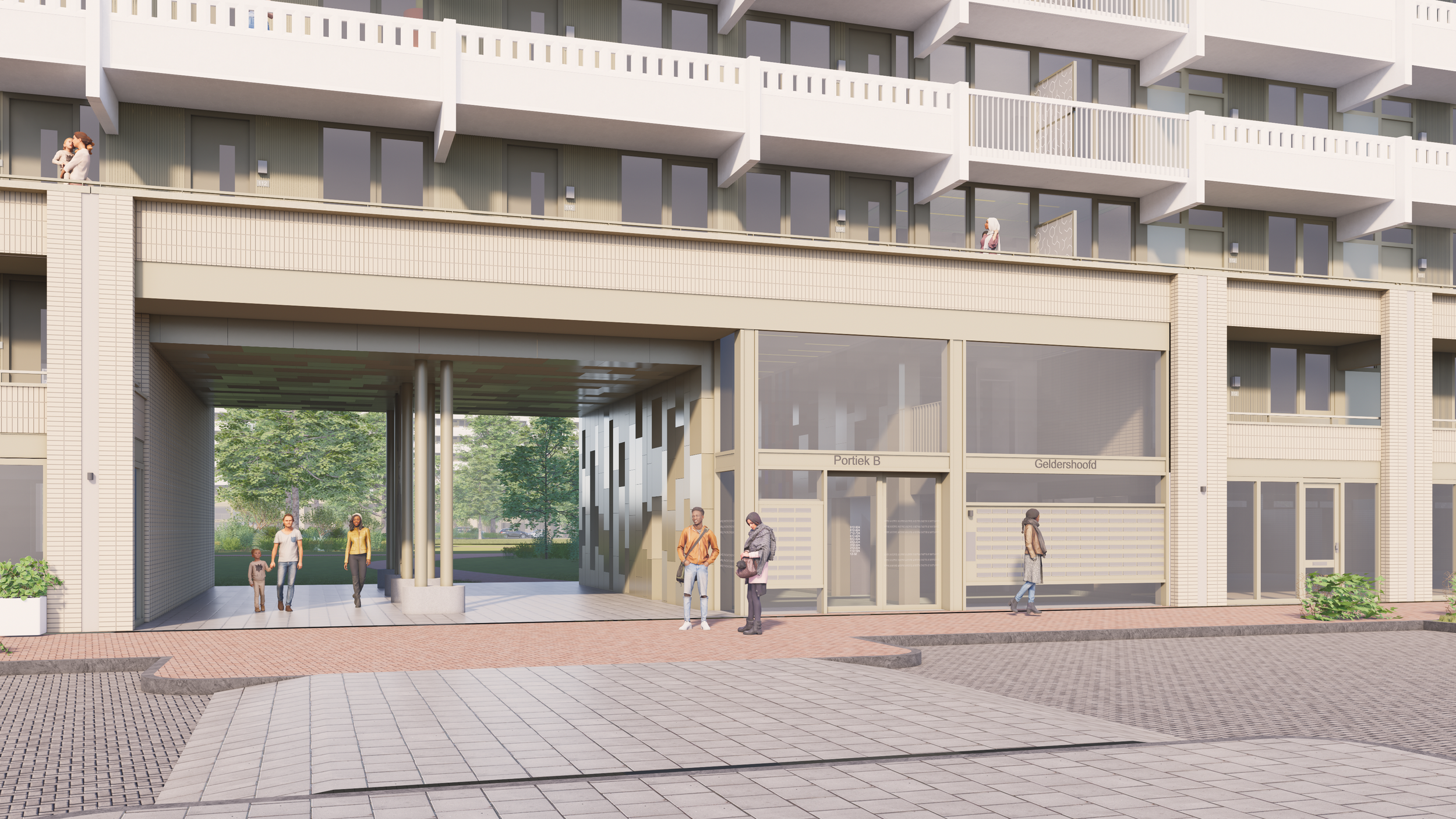 People walking and standing near the entrance of a modern residential building with large glass doors and balconies.