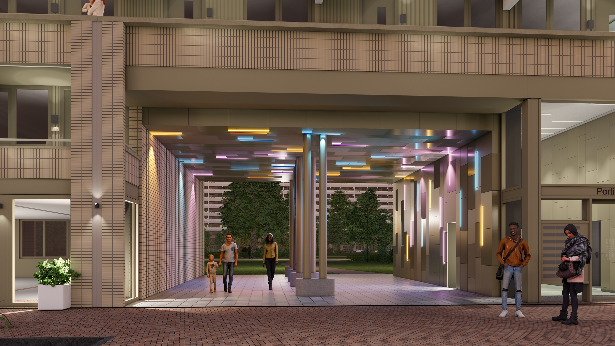 People walking and standing under a modern, illuminated building entrance with colorful lights, trees, and residential buildings in the background.