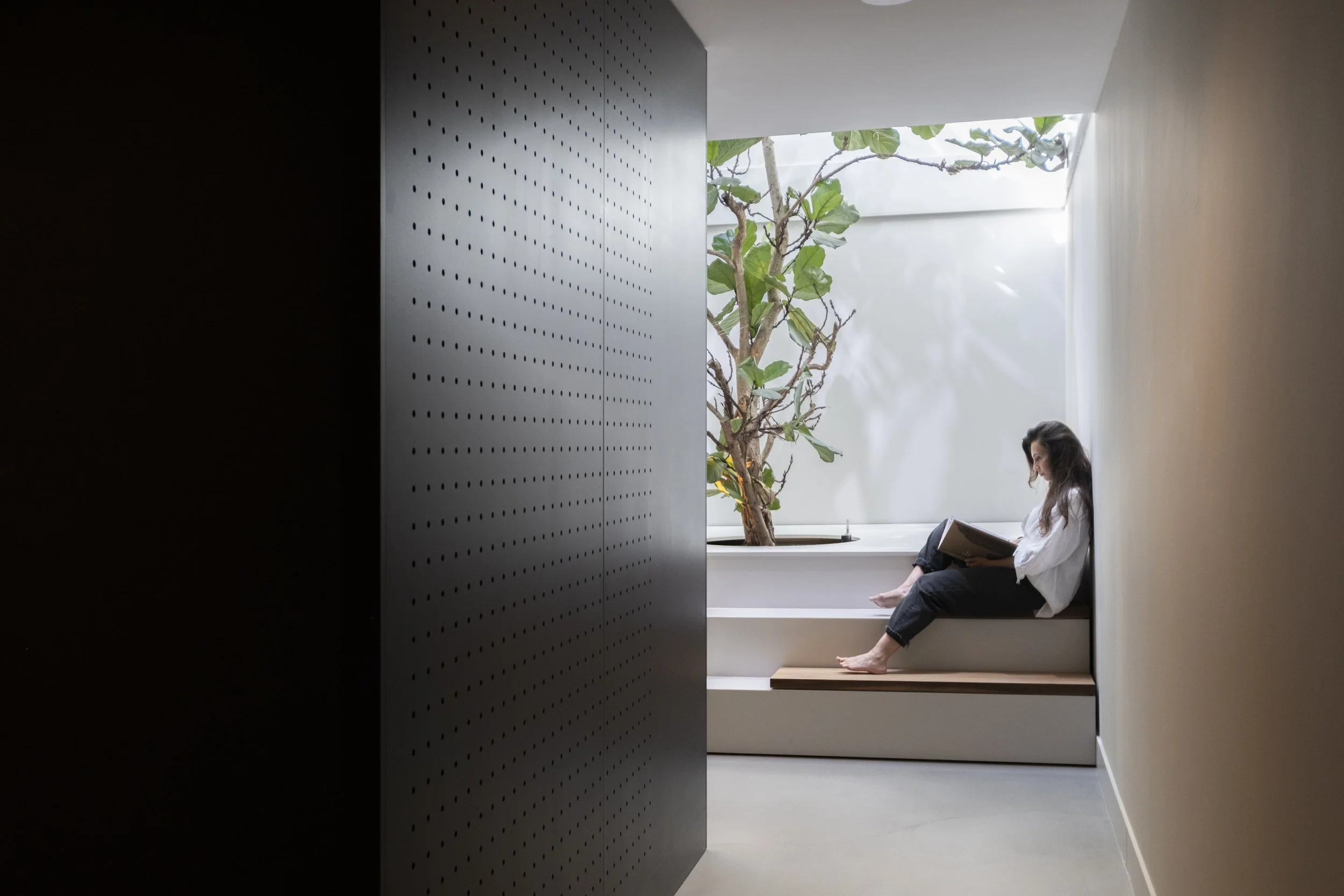 Woman sitting on a built-in bench reading a book in a modern, minimalist room with a large window and a potted tree.