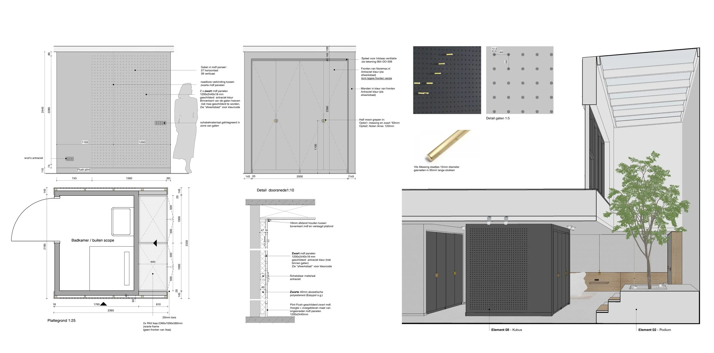 Architectural blueprint and 3D rendering of an indoor garden area with a tree, black storage units, and wooden accents.