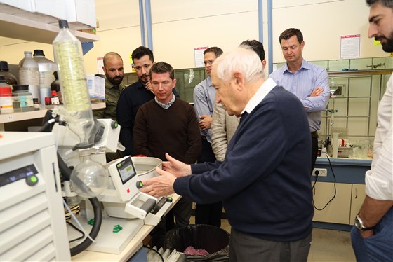 Raphael Mechoulam explaining the steps of the synthesis of stable CBD acid at his lab at Hebrew University in Israel. Mechoulam was the first to synthesize THC and discovered the endocannabinoid system, leading to the nickname "father of cannabis."Daniel Fine / EPM