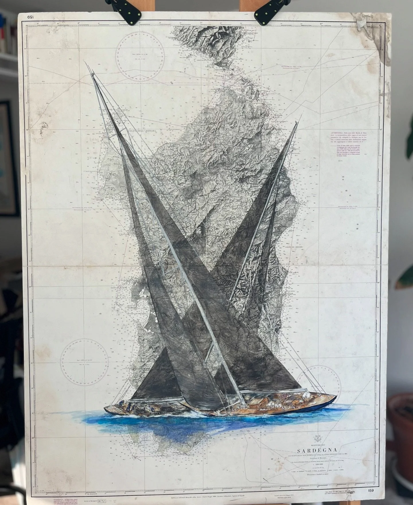 Work in progress. Two beautiful J Boats sailing on a chart of Sardinia. Measures 45 x 35 #maxiyacht #jboats #sardinia #sardegna #sailboatracing #yachtart #nautical #coastalliving #wip  #saillikeagirl #femaleartist
