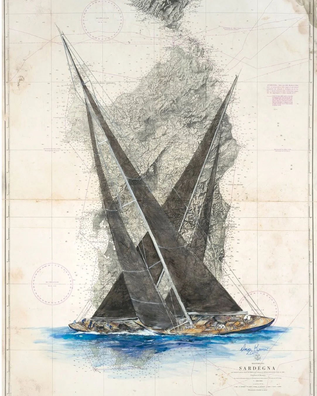 Two Classic J Boats crossing tacks while racing in the waters off Sardinia.

The backdrop of this artwork is an antique nautical chart of Sardinia, its aged patina provides a history-rich canvas that grounds the painting in maritime legacy. The delic