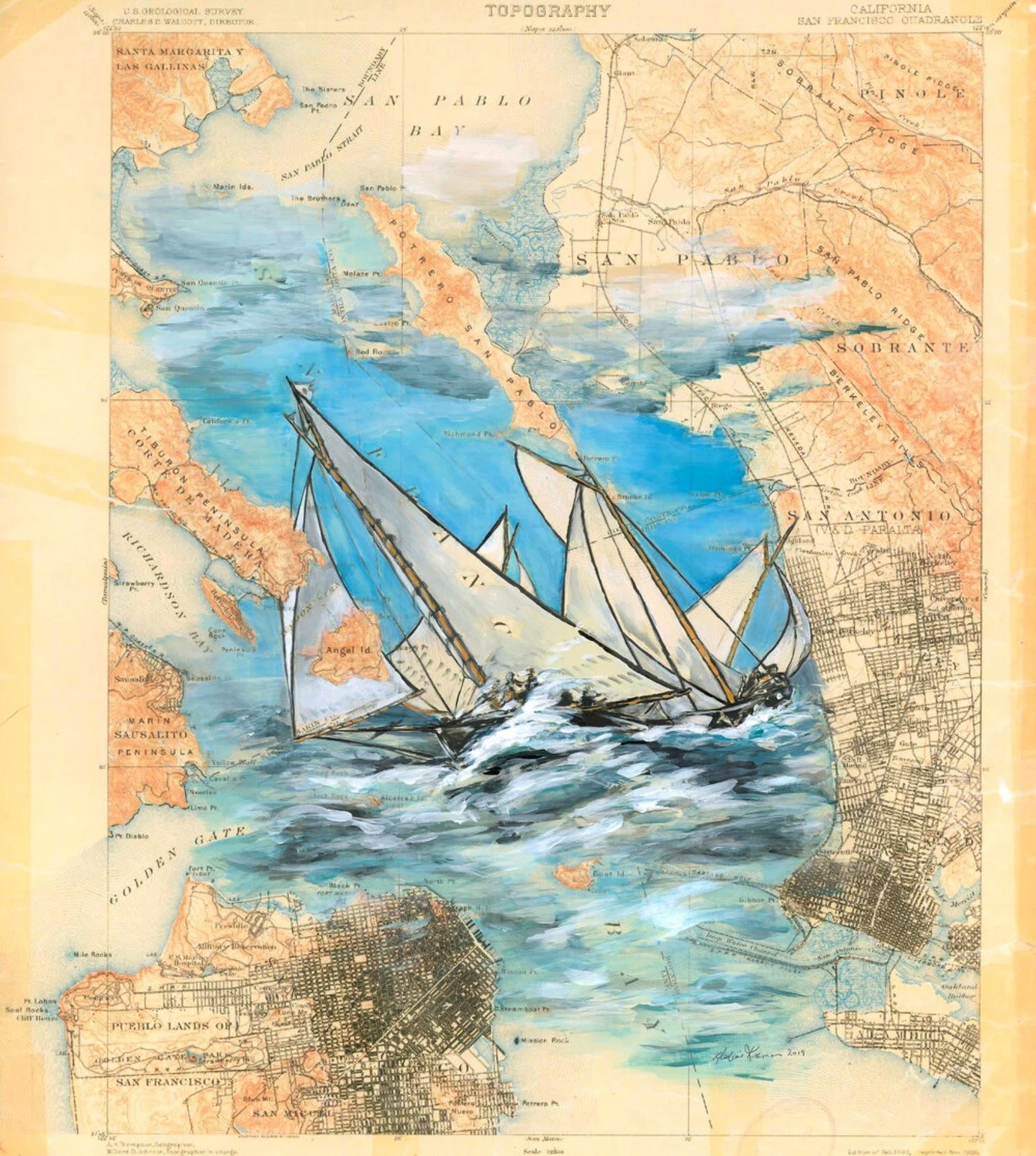 I received the chart of San Francisco Bay c.1899 via text from our neighbor. The reference image, of the gaff-rigged sloops racing, is from an engraving in St. Francis YC Scrapbook 1880-82, p. 110.

Then and now, a day racing on San Francisco Bay can