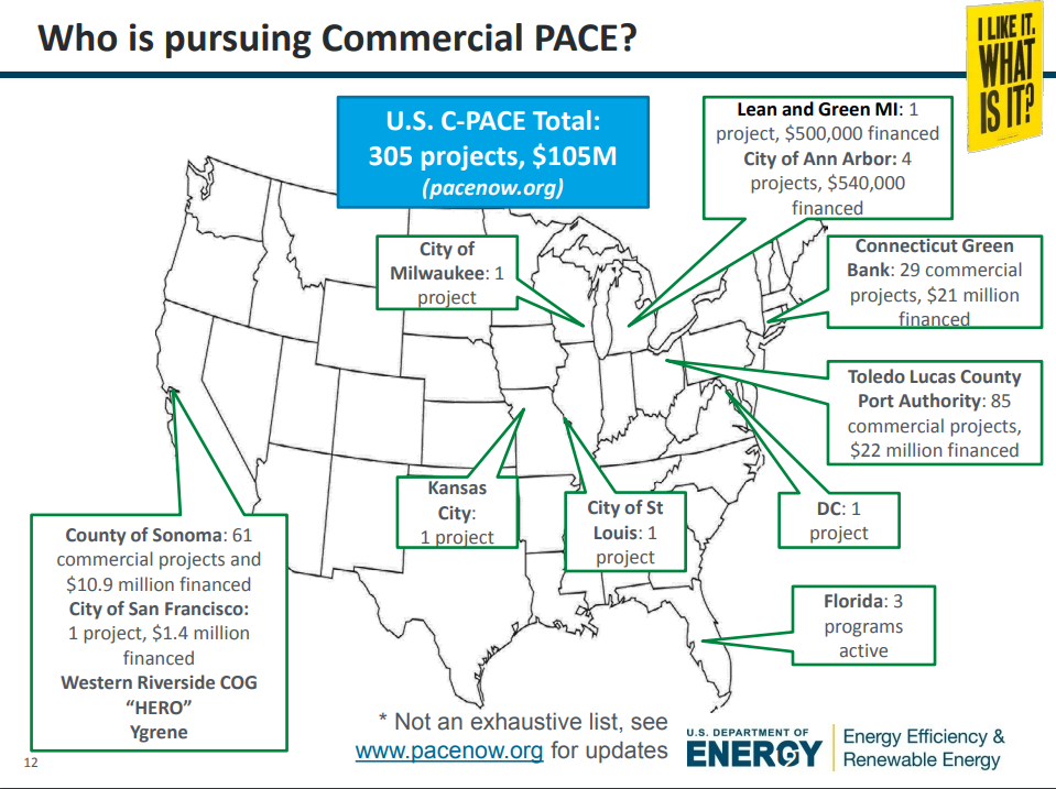 Graphic of commercial PACE (C-PACE) projects in the US (Source: US Department of Energy, using data from PACENation)[7]