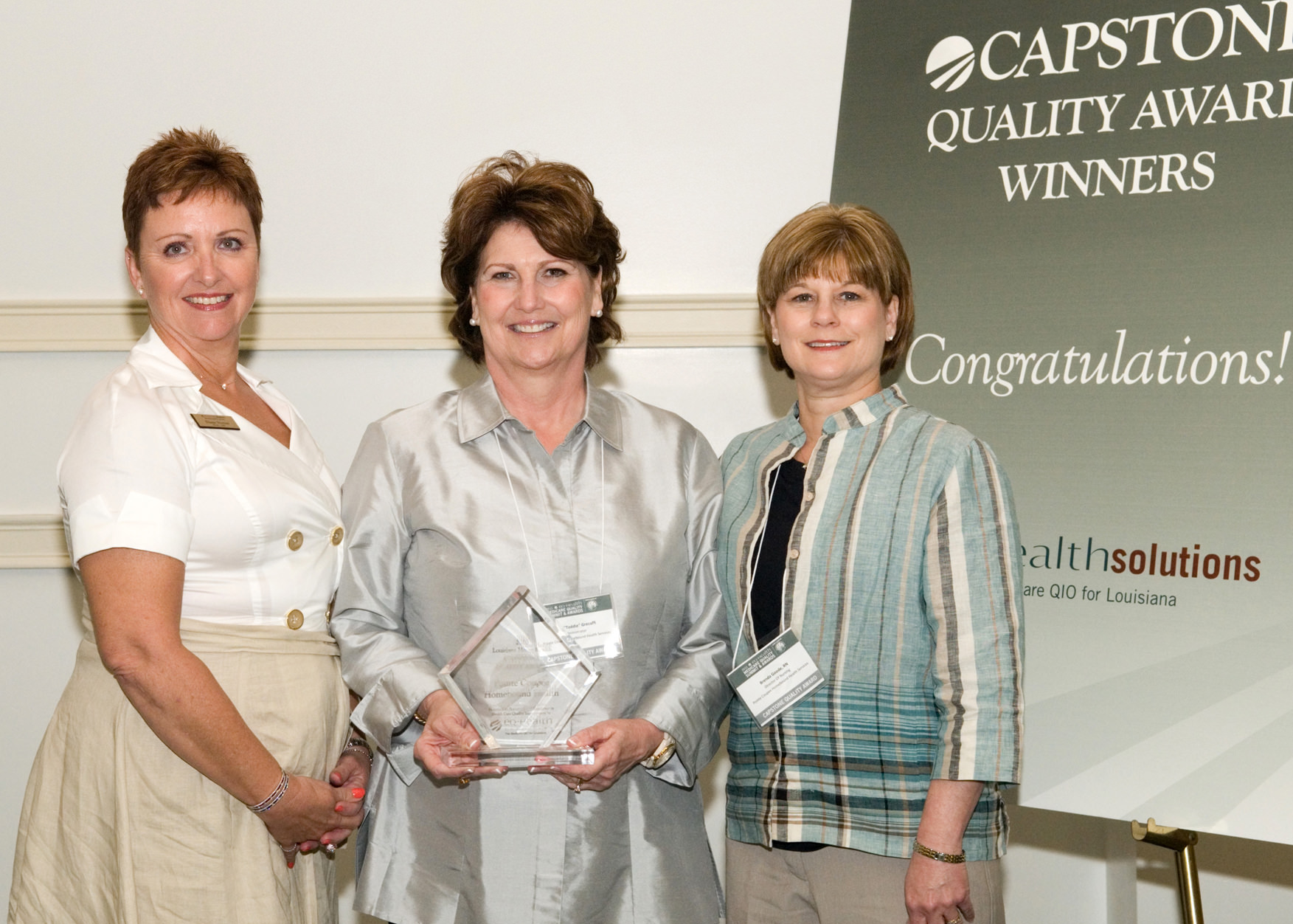 Pictured left to right is award presenter Diana Norton with eQHealth Solutions, Mary “Toddie” Grezaffi, RN, BSN, Pointe Coupee Homebound Health Services Administrator and Brenda Goode, RN, Pointe Coupee Homebound Health Services DON