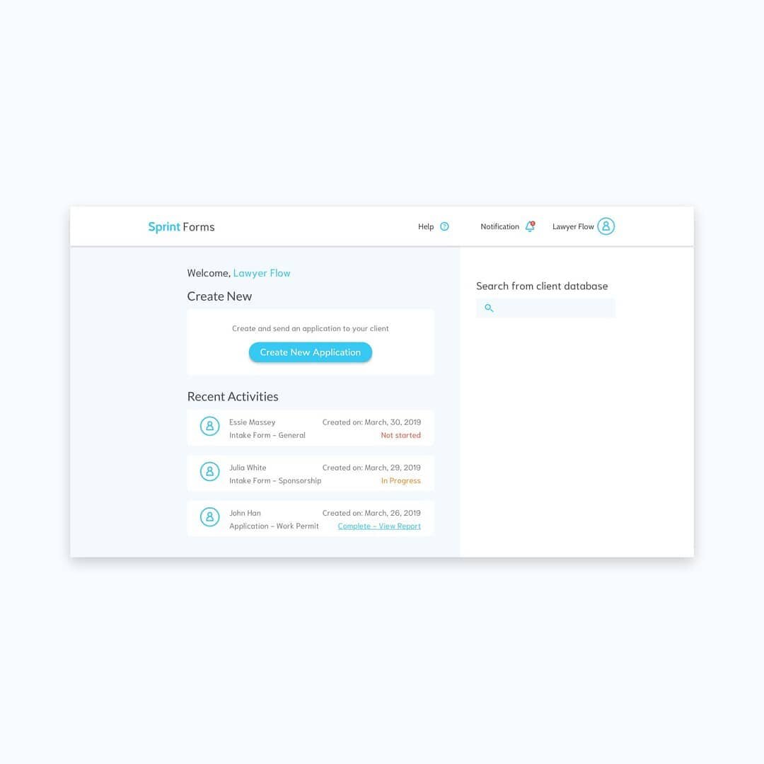SprintForms is a freelance project I've done earlier in 2019. These are some sample screens of the lawyer's flow designs.
.
SprintForms is a software service that saves immigration lawyers and their clients time by eliminating paperwork, and enabling