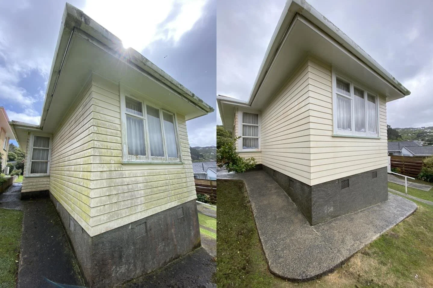 Before and after deck and patio water blasting Kapiti Coast - mould, dirt and algae removed from timber

