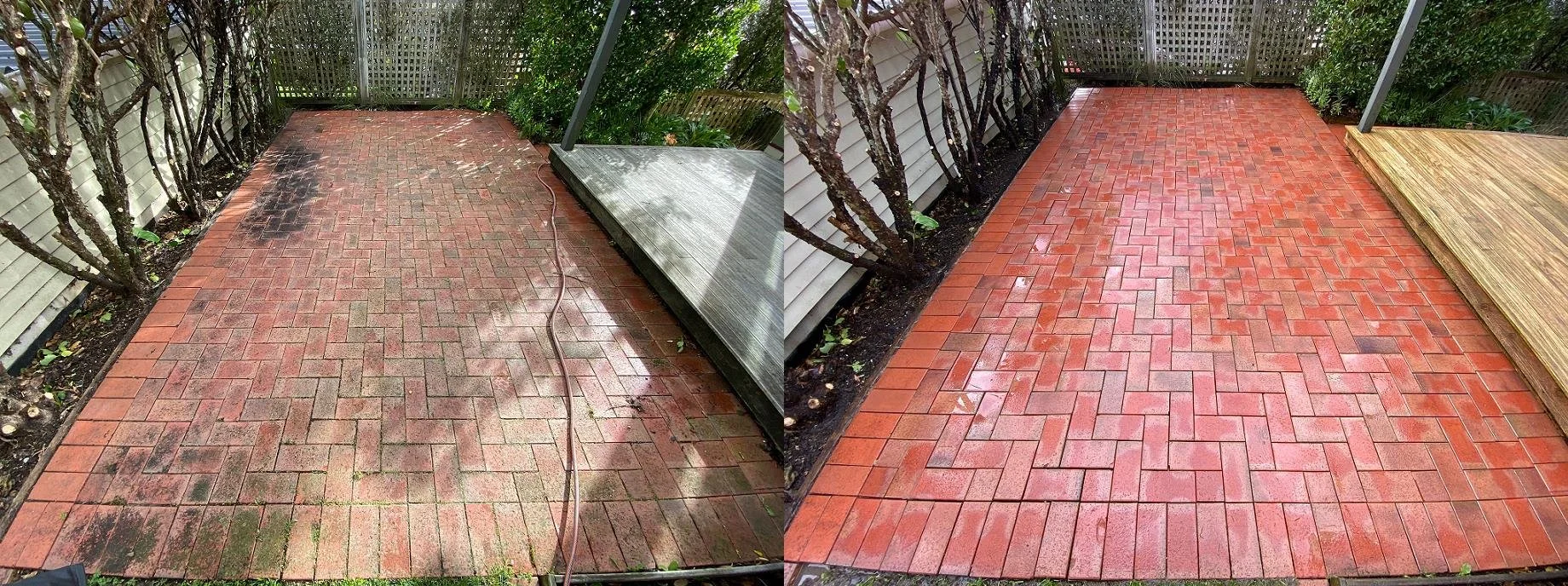 Before and after water blasting driveway cleaning Wellington - moss, algae and stains completely removed

