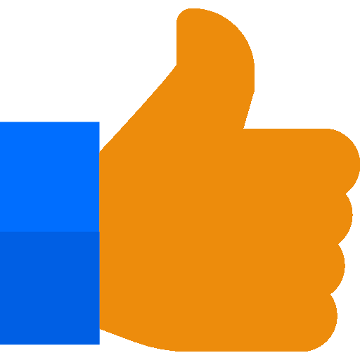 A large orange thumbs-up icon with a blue hand at the base.