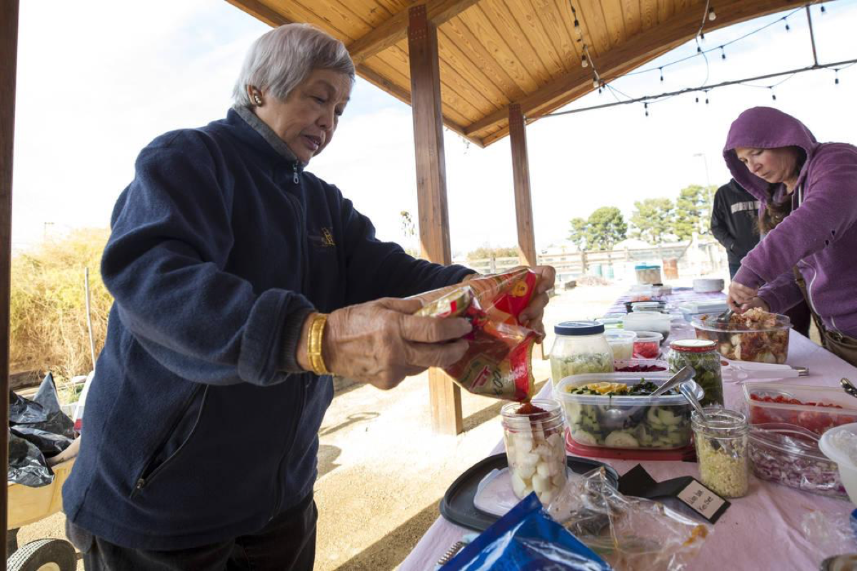 Leonora Ching, left, author of the "Pickle-Passion Cookbook," a book on Hawaiian and international recipes, demonstrates her daikon kimchi recipe during a volunteering event at the San Miguel Community Garden located at 3939 Bradley Road in Las Vegas on Saturday, Jan. 12, 2019. Richard Brian Las Vegas Review-Journal @vegasphotograph