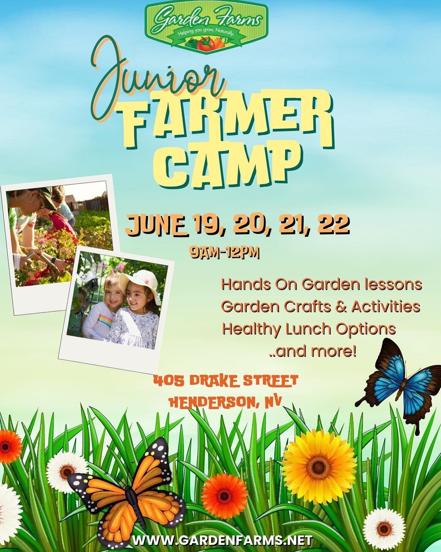 Garden Farms is proud to announce our First Annual Junior Farmer Camp!👩&zwj;🌾

This 4 day kids summer camp offers Las Vegas youth a fun and safe enviromment to get their hands dirty, develop a hands on understanding of the importance of permacultur